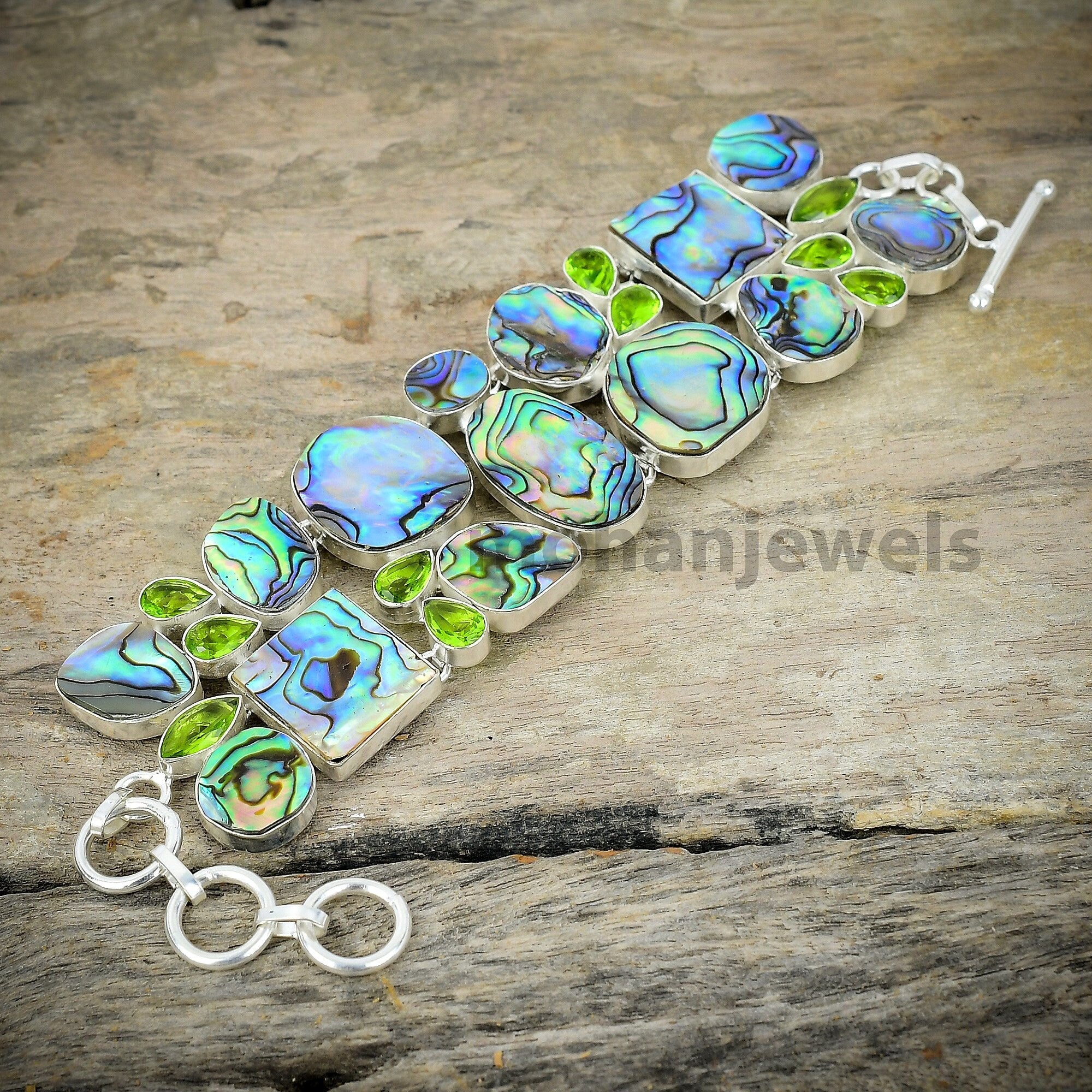 Abalone Shell Bracelet - Abalone Paua Shell & Peridot Silver Plated  Bracelet - Multi Color Shell Bracelet - Abalone Shell Cluster Bracelet