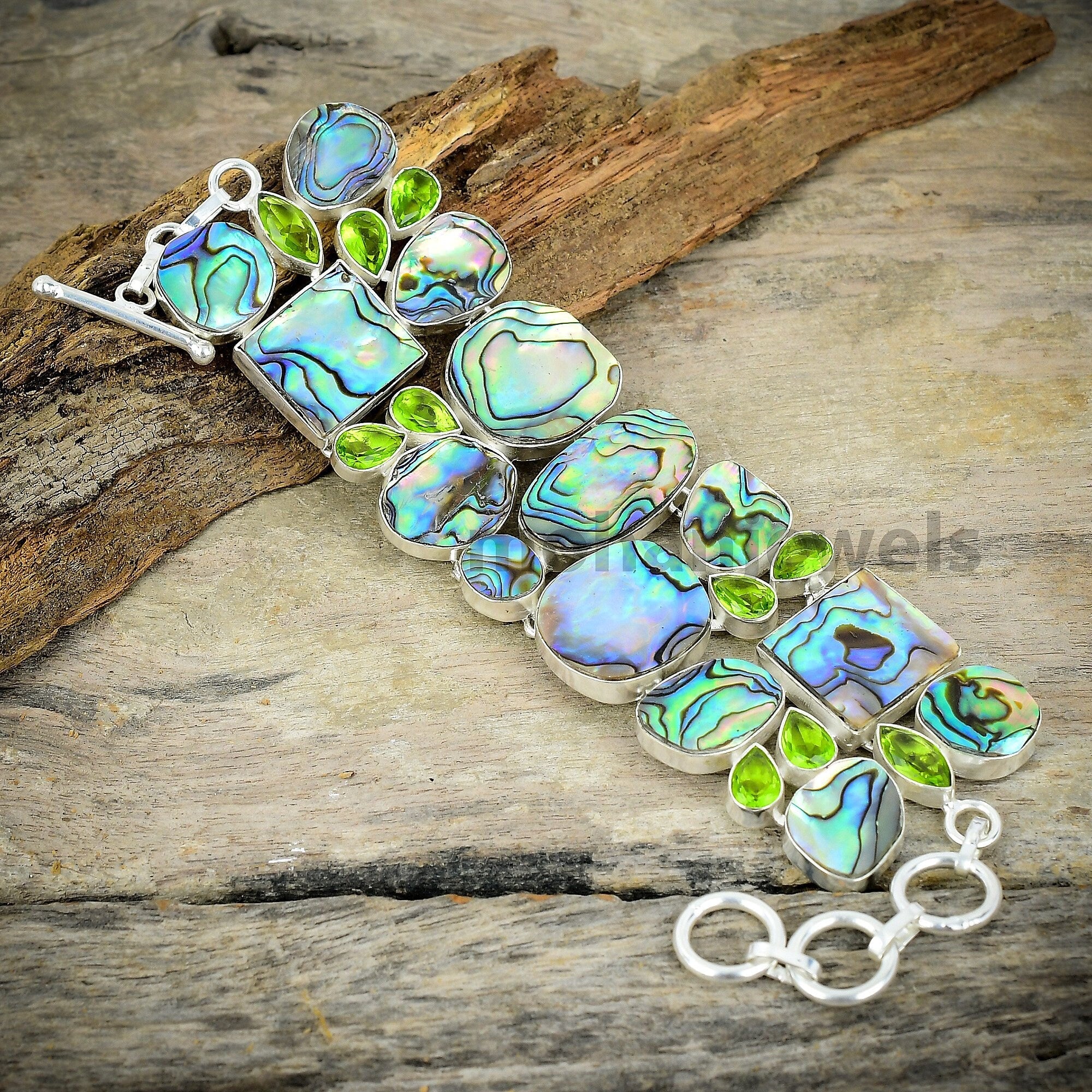 Abalone Shell Bracelet - Abalone Paua Shell & Peridot Silver Plated  Bracelet - Multi Color Shell Bracelet - Abalone Shell Cluster Bracelet