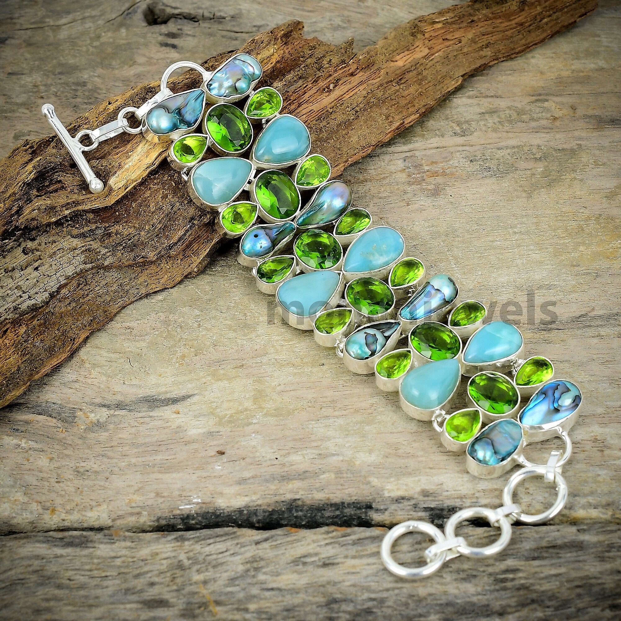 Genuine Larimar Peridot Biwa Pearl Silver Plated Bracelet - Statement Bracelet - Unique Designer Jewelry - Handmade Jewelry - Gift For Bride