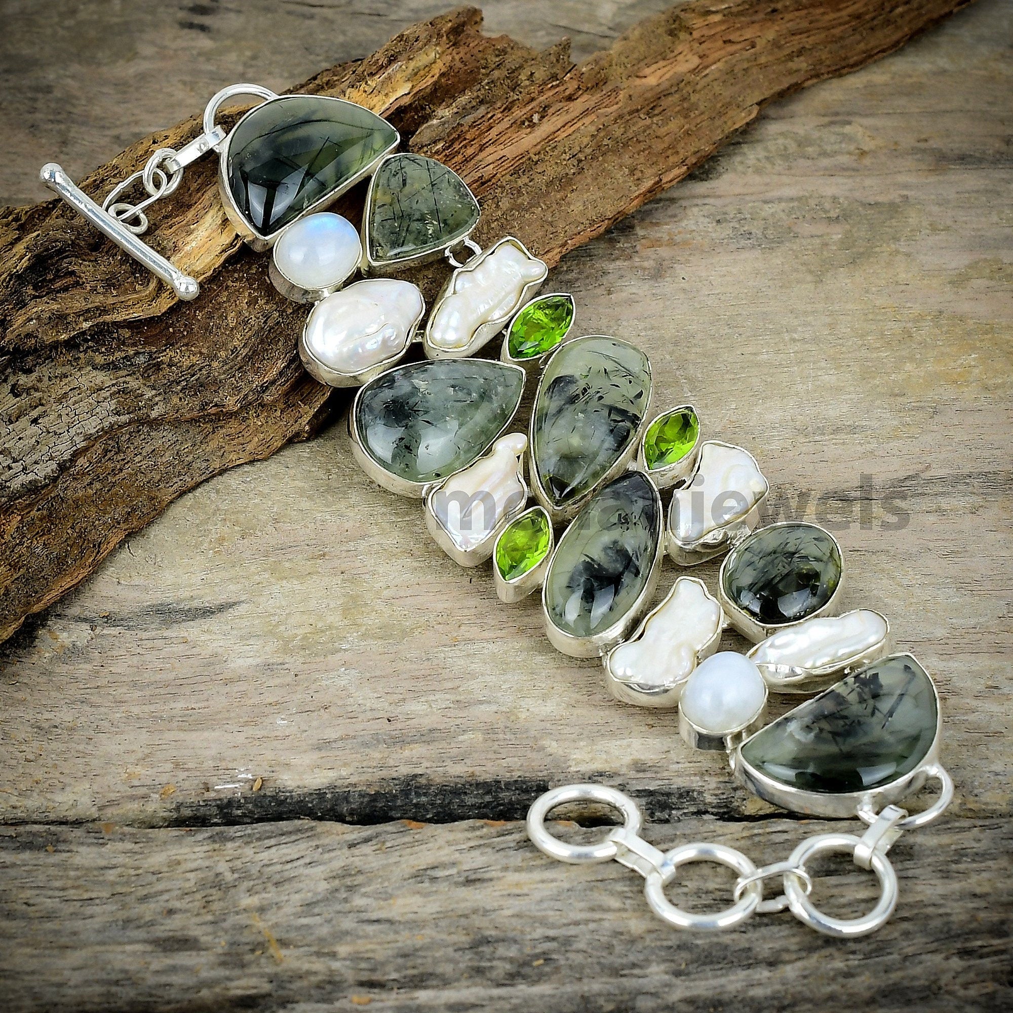 Moss Prehnite Biwa Pearl Moonstone Peridot Silver Plated Bracelet, Unique Designer Jewelry, Healing Stone, Chunky Bracelet, Gift For Her