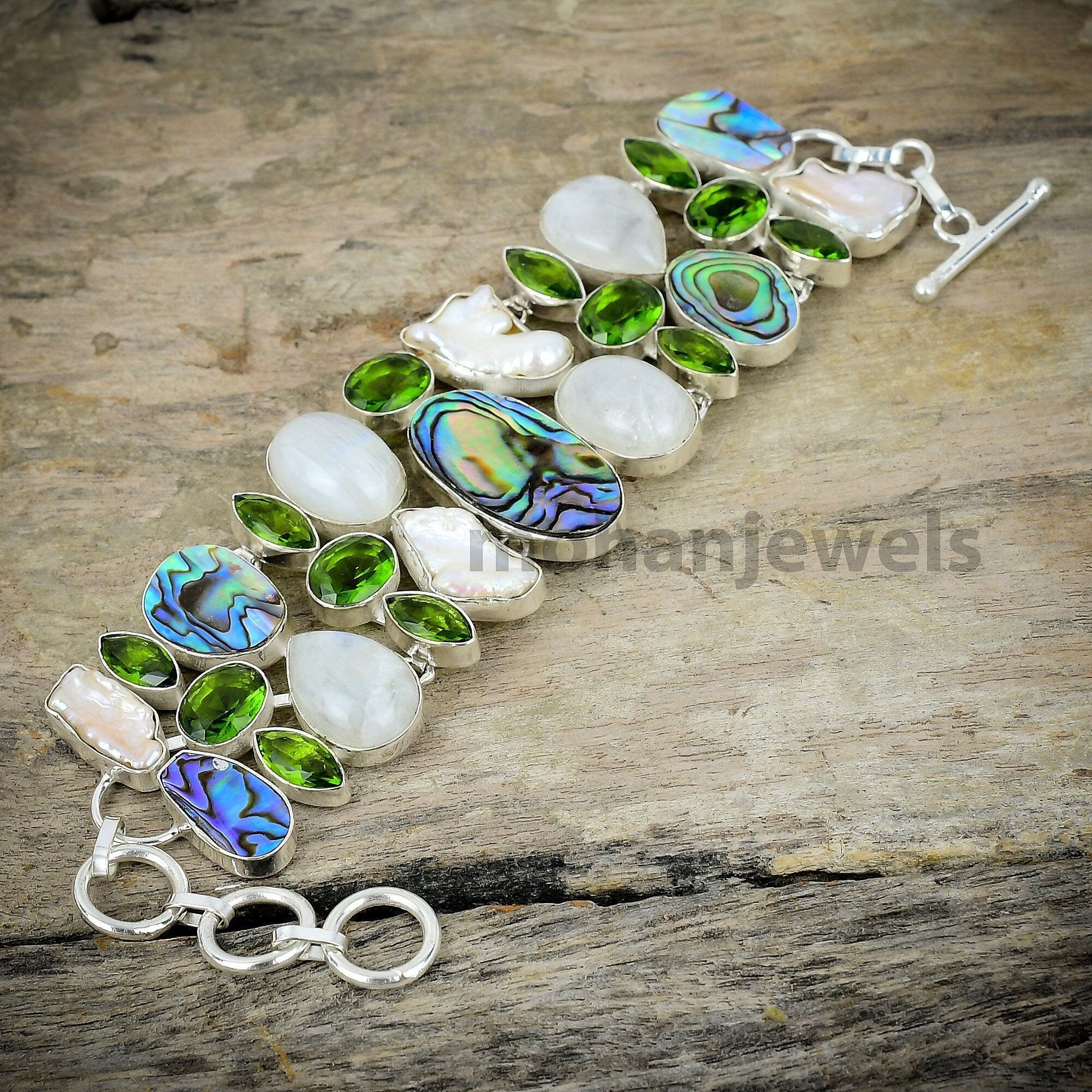 Abalone Shell Moonstone Biwa Pearl Peridot Silver Plated Bracelet, Designer Bracelet, Multi Gemstone Jewelry, Chunky Bracelet, Gift For Her