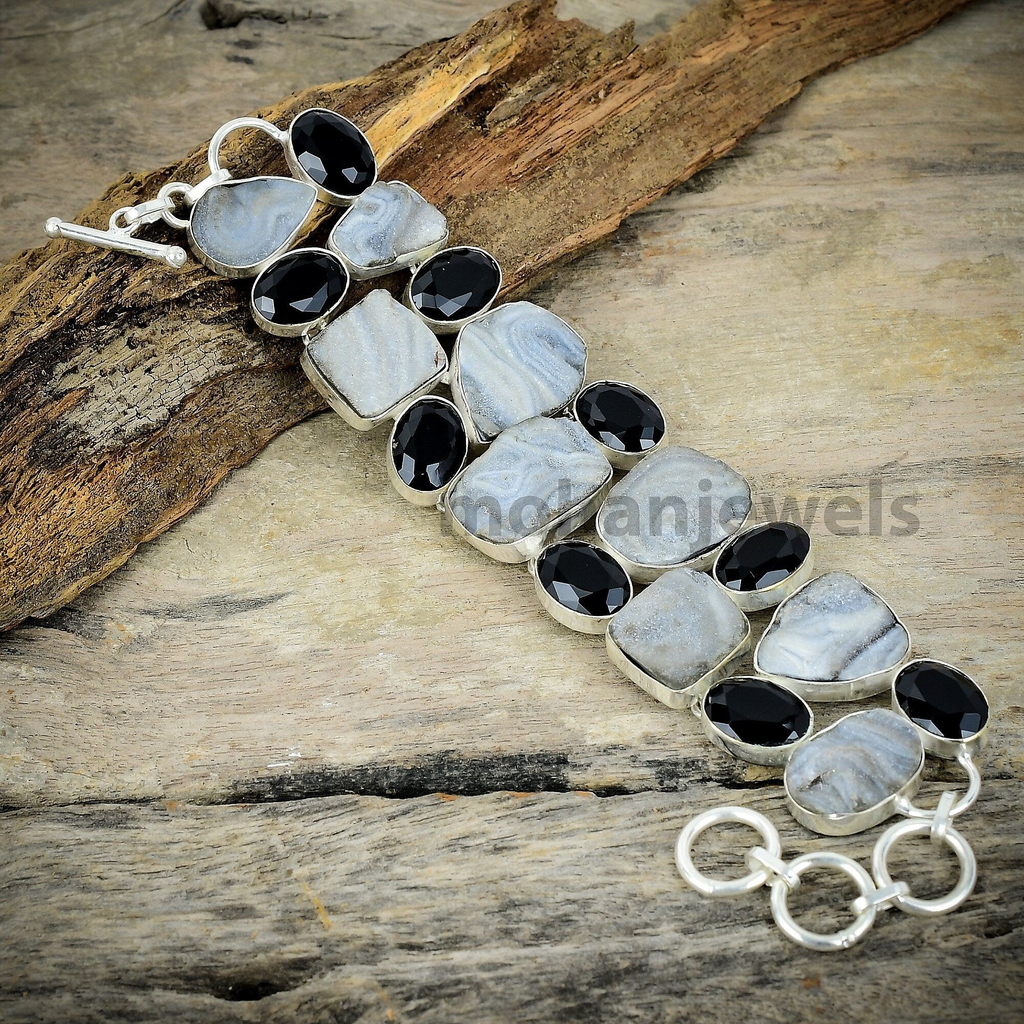 Desert Agate Druzy Black Onyx Silver Plated Bracelet - Designer Bracelet - Statement Bracelet - Druzy Quartz Chunky Bracelet - Gift For Her