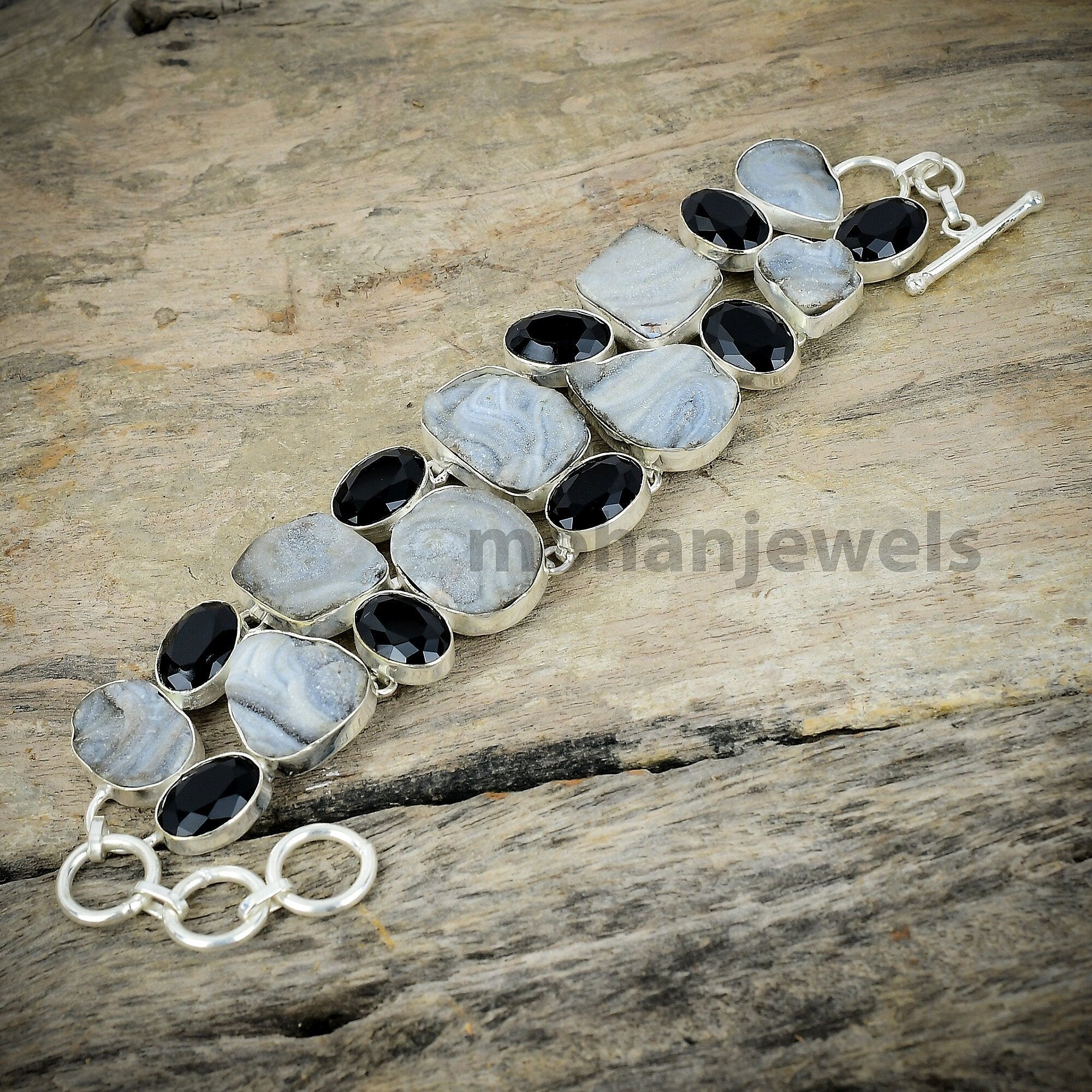 Desert Agate Druzy Black Onyx Silver Plated Bracelet - Designer Bracelet - Statement Bracelet - Druzy Quartz Chunky Bracelet - Gift For Her