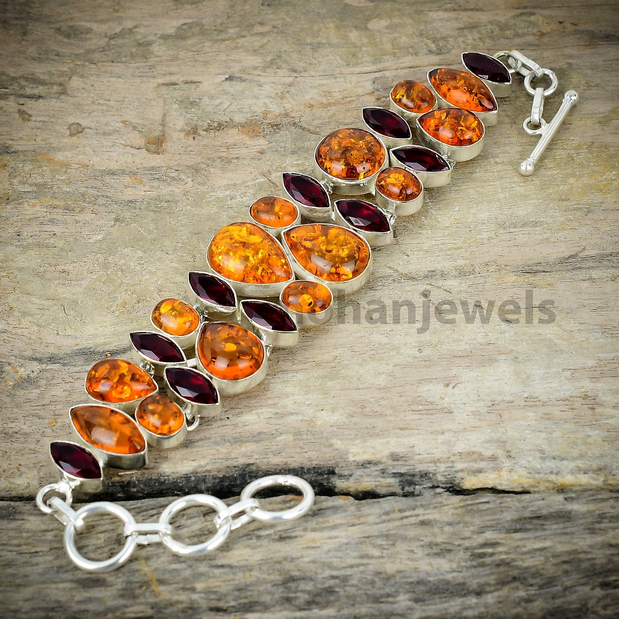 Amber Bracelet - Amber Jasper & Red Garnet Silver Plated Bracelet - Handmade Bracelet - Fashion Designer Jewelry - Valentine's Day Gift