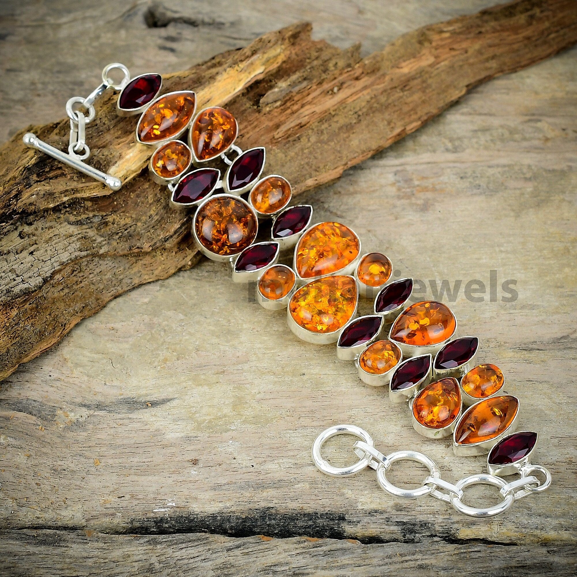 Amber Bracelet - Amber Jasper & Red Garnet Silver Plated Bracelet - Handmade Bracelet - Fashion Designer Jewelry - Valentine's Day Gift