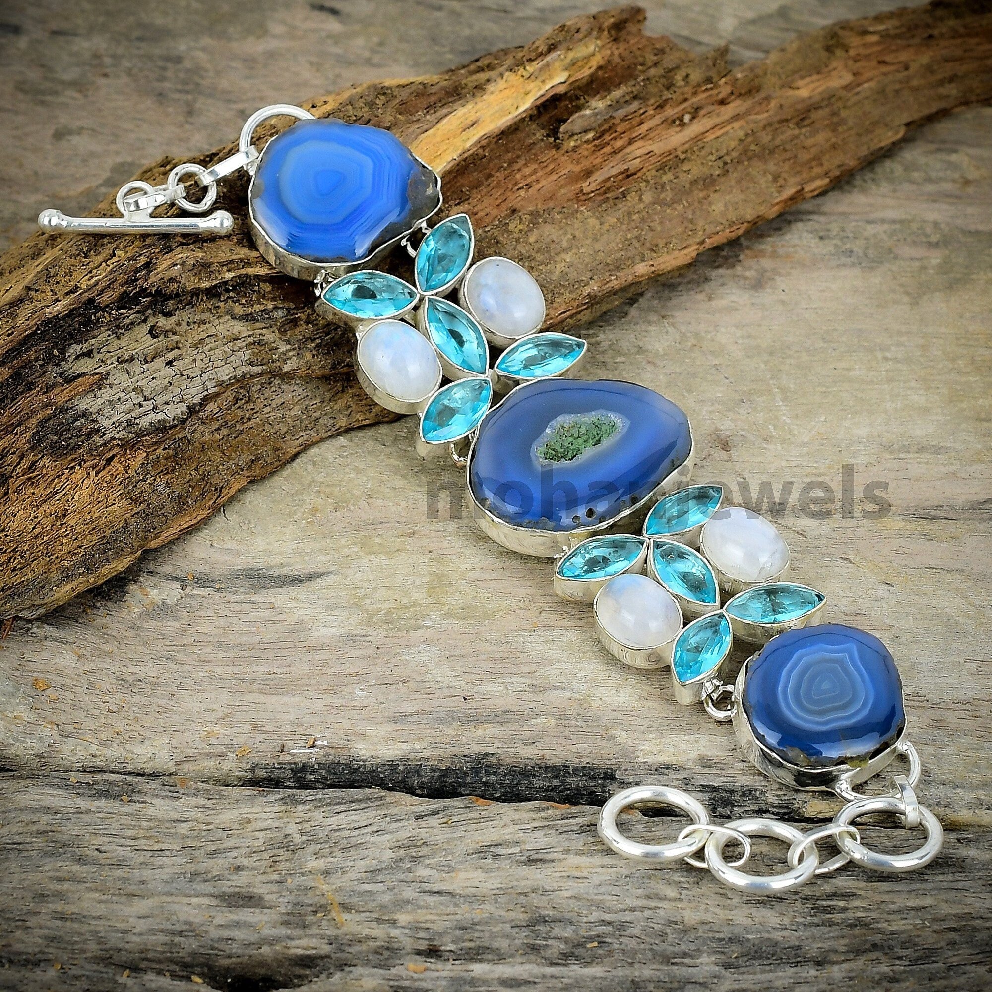 Botswana Agate Druzy Moonstone Blue Topaz Silver Plated Bracelet, Unique Designer Jewelry, Adjustable Statement Bracelet, Gift For Her