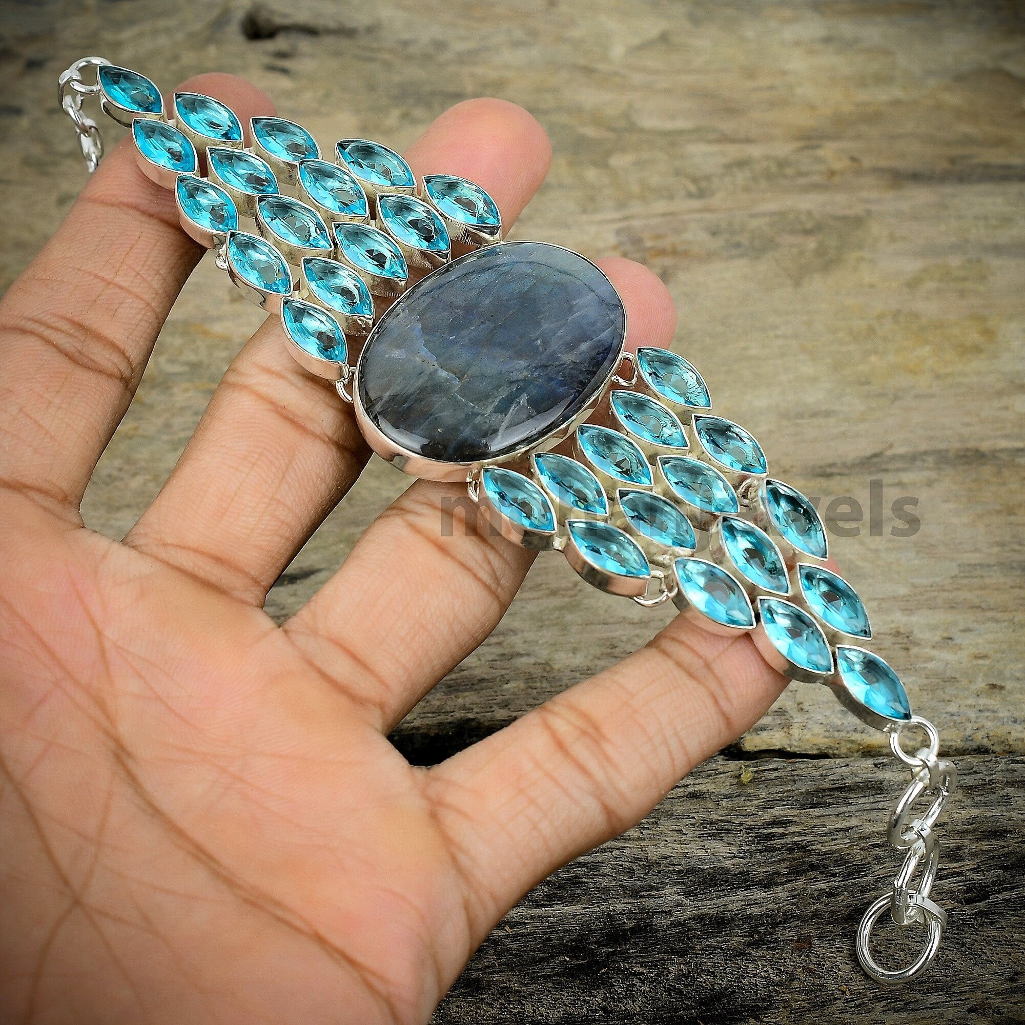 Labradorite Bracelet - Natural Labradorite & Blue Topaz Gemstone Silver Plated Bracelet - Unique Jewelry - Healing Crystal - Gift For Her