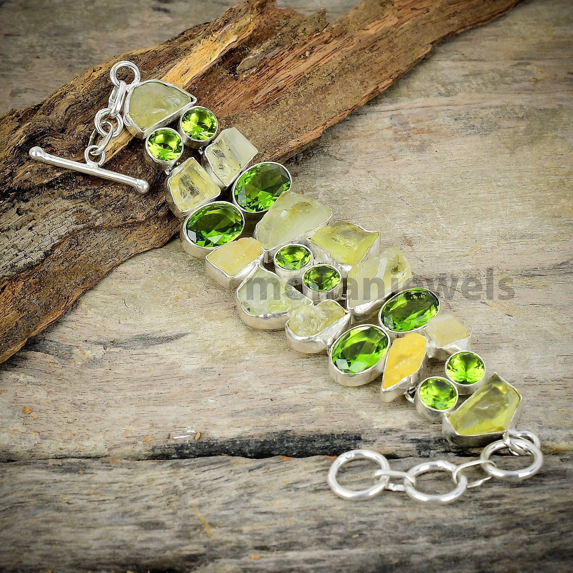 Lemon Quartz Rough Bracelet - Natural Lemon Quartz & Peridot Silver Plated Bracelet - Boho Bracelet -Rough Stone Jewelry - Statement Jewelry