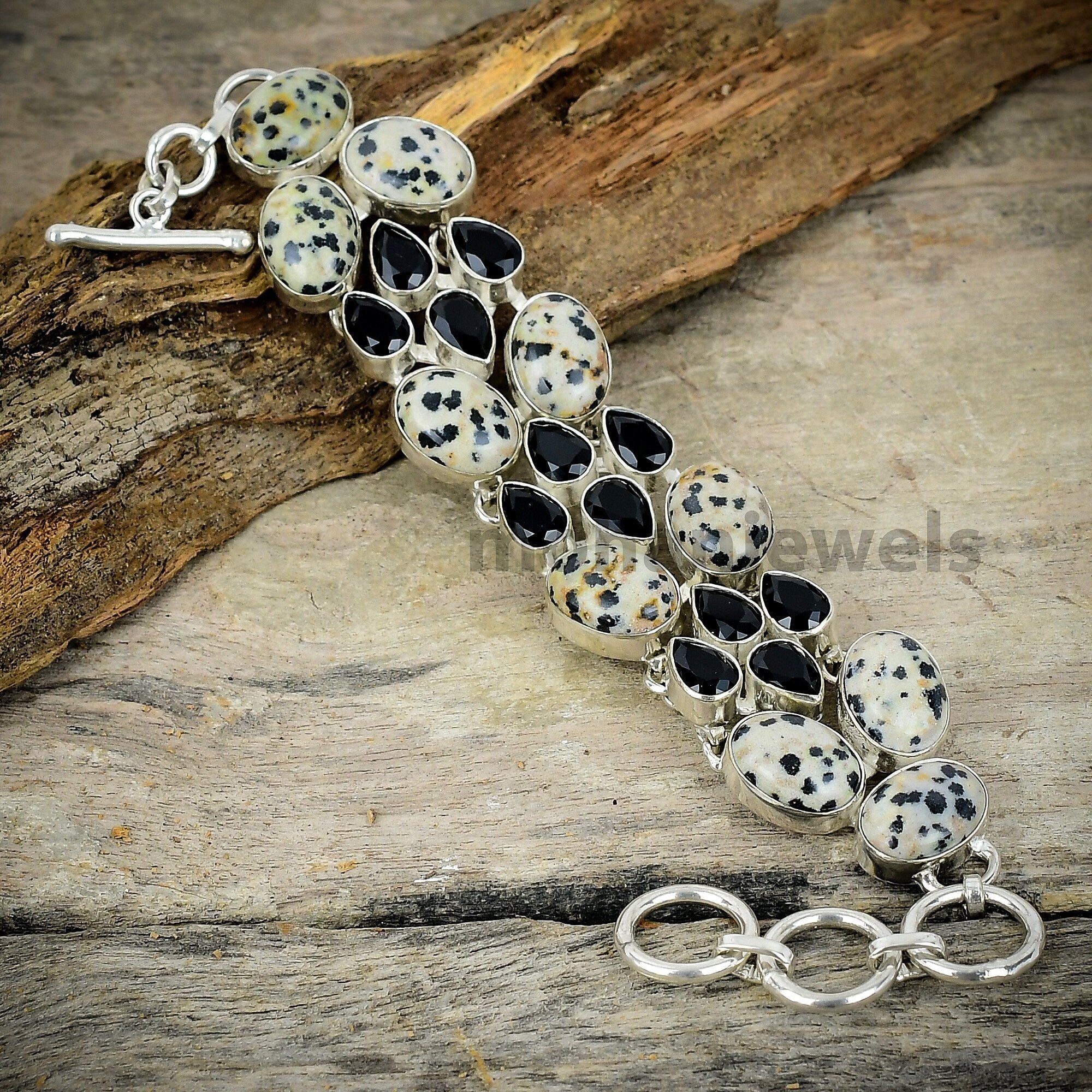 Dalmatian Jasper Bracelet - Dalmatian Jasper & Black Onyx Silver Plated Bracelet - Handmade Jewelry - Unique Jewelry - Women's Bracelet Gift