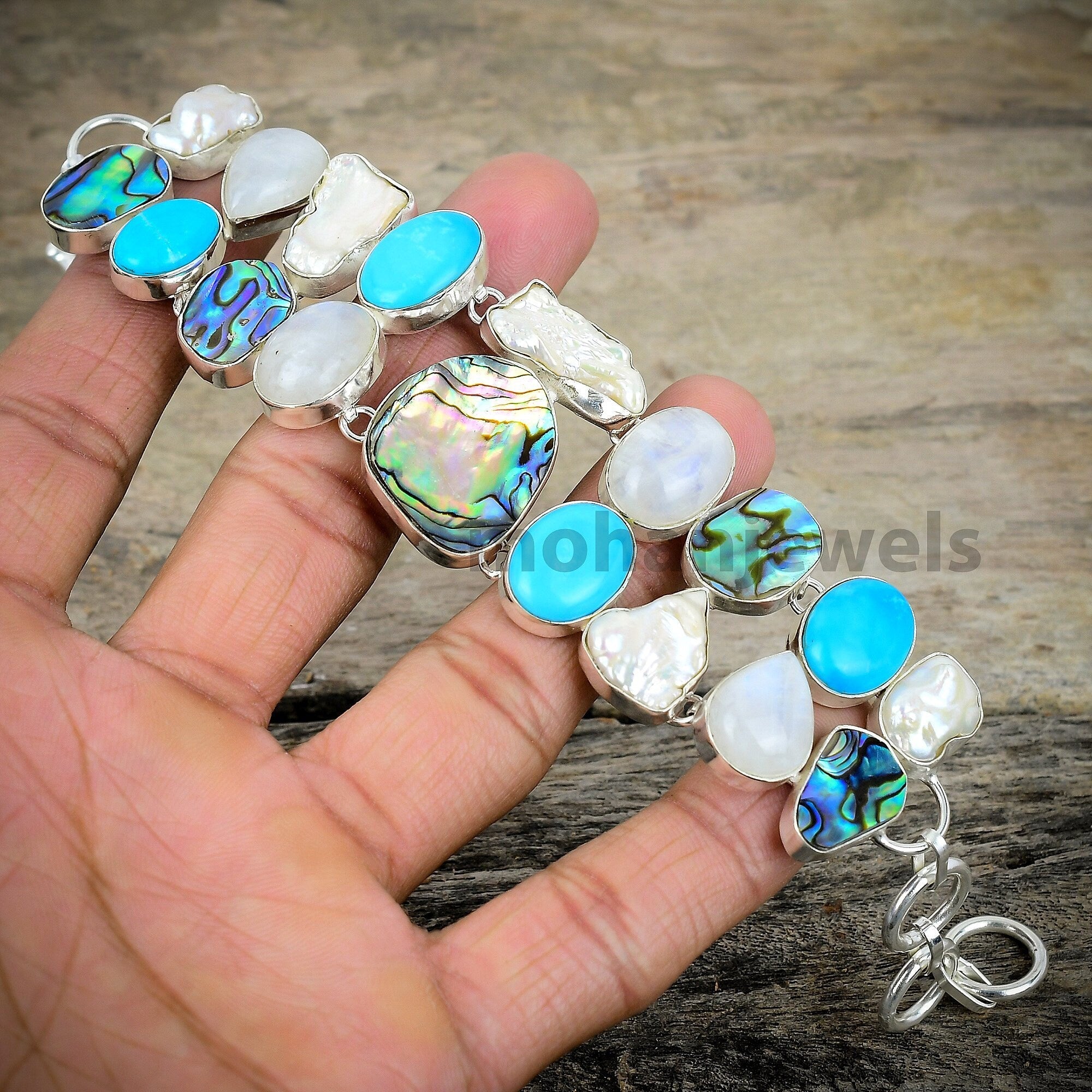 Abalone Shell Moonstone Turquoise Biwa Pearl Silver Plated Bracelet, Unique Designer Jewelry, Multi Gemstone Chunky Bracelet, Gift For Her