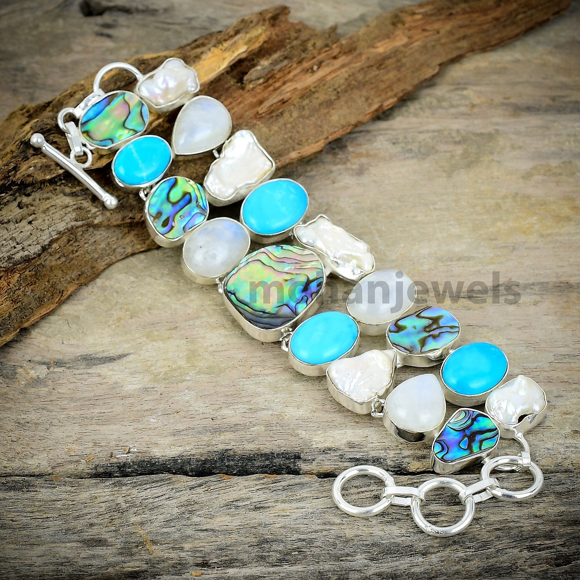 Abalone Shell Moonstone Turquoise Biwa Pearl Silver Plated Bracelet, Unique Designer Jewelry, Multi Gemstone Chunky Bracelet, Gift For Her