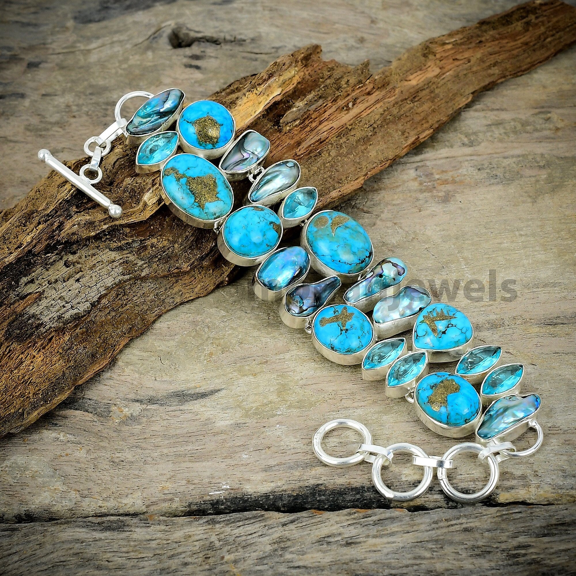 Copper Turquoise Biwa Pearl Blue Topaz Silver Plated  Bracelet - Unique Designer Jewelry - Statement Bracelet - Wedding Gift