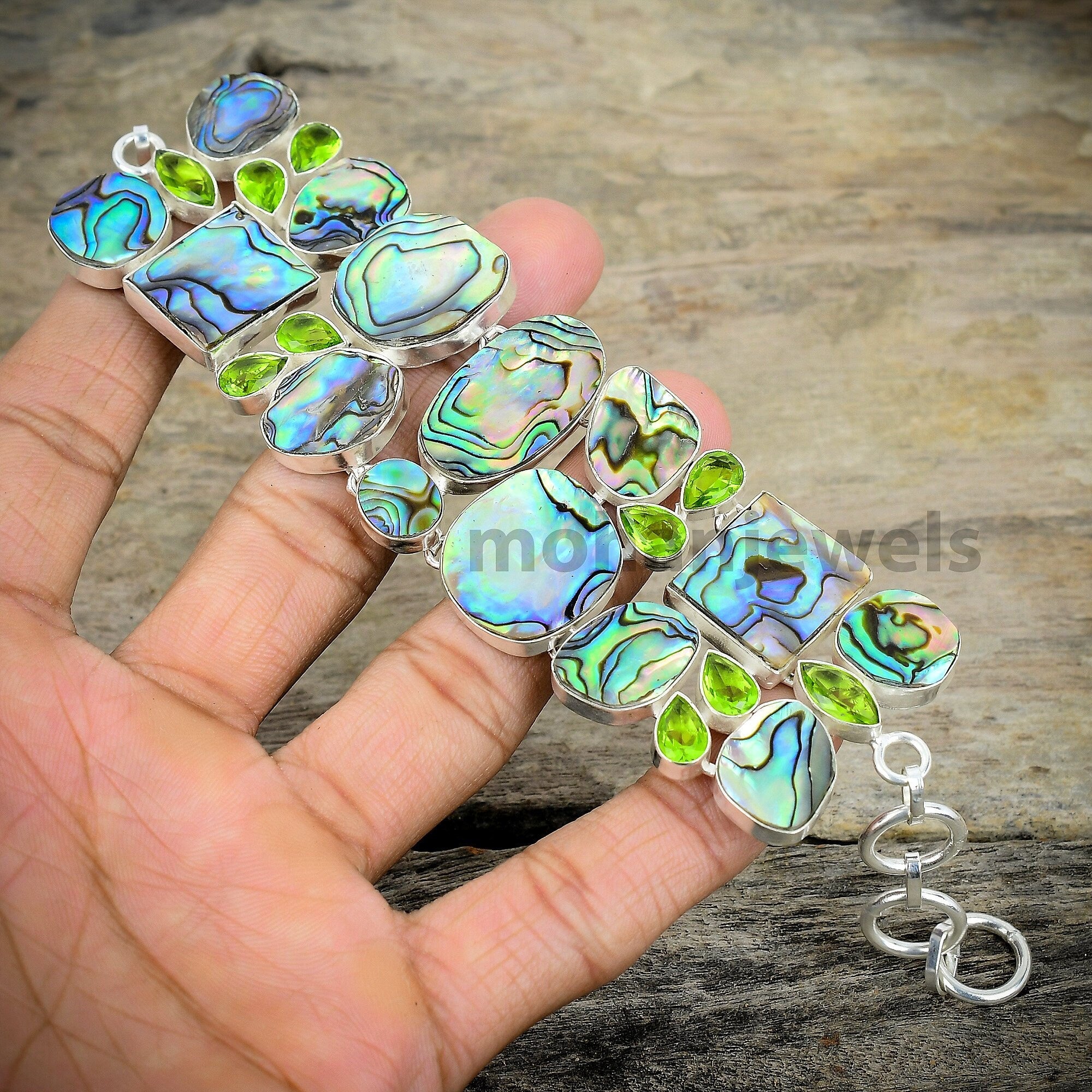 Abalone Shell Bracelet - Abalone Paua Shell & Peridot Silver Plated  Bracelet - Multi Color Shell Bracelet - Abalone Shell Cluster Bracelet