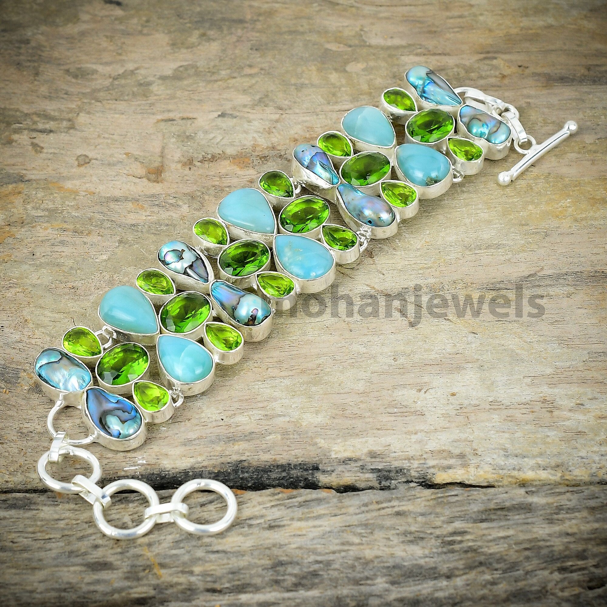 Genuine Larimar Peridot Biwa Pearl Silver Plated Bracelet - Statement Bracelet - Unique Designer Jewelry - Handmade Jewelry - Gift For Bride