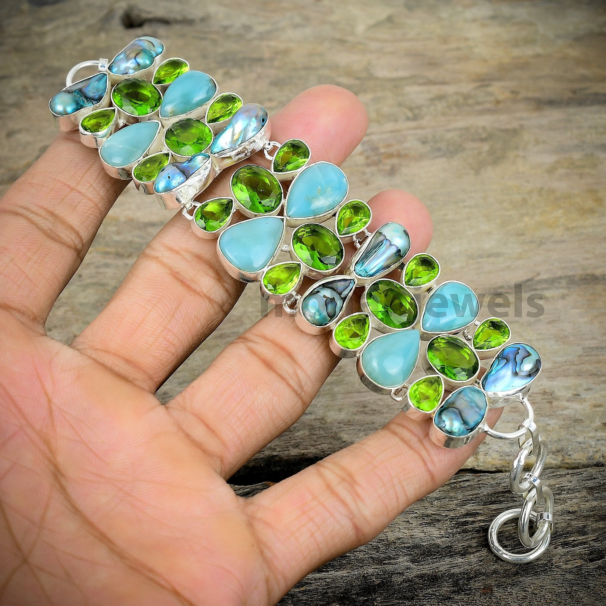 Genuine Larimar Peridot Biwa Pearl Silver Plated Bracelet - Statement Bracelet - Unique Designer Jewelry - Handmade Jewelry - Gift For Bride