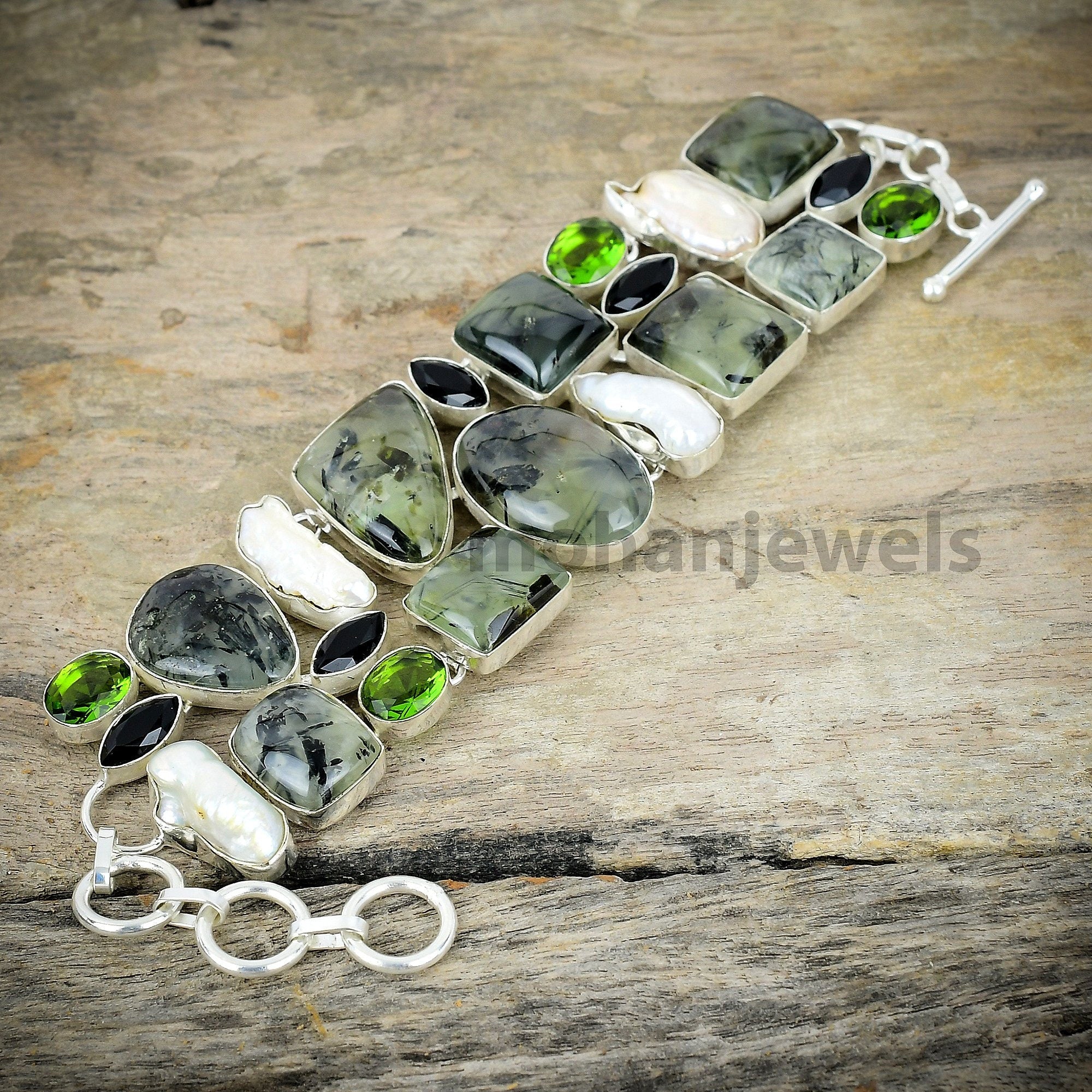 Moss Prehnite Biwa Pearl Peridot Black Onyx Silver Plated Bracelet, Unique Designer Jewelry, Chunky Bracelet, Healing Crystal, Gift For Her