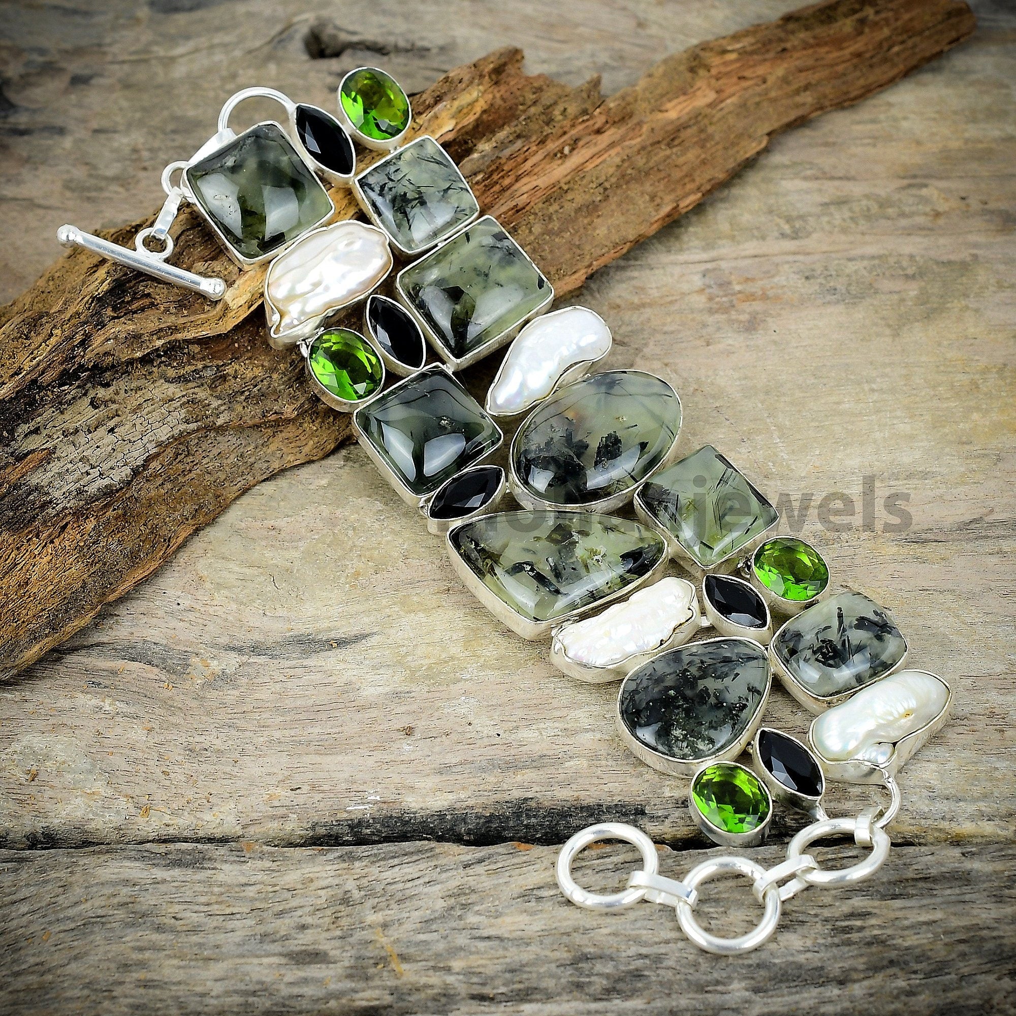 Moss Prehnite Biwa Pearl Peridot Black Onyx Silver Plated Bracelet, Unique Designer Jewelry, Chunky Bracelet, Healing Crystal, Gift For Her