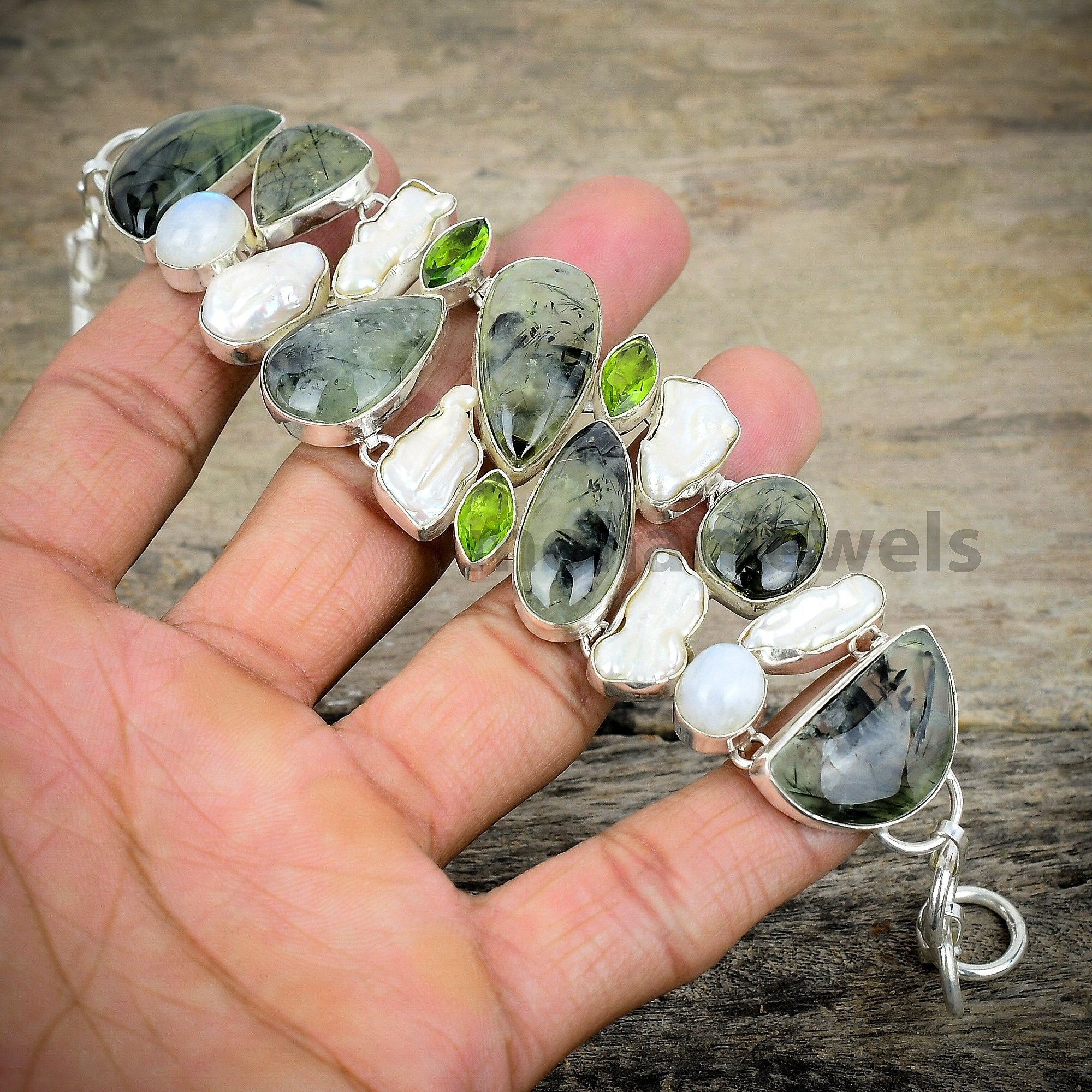 Moss Prehnite Biwa Pearl Moonstone Peridot Silver Plated Bracelet, Unique Designer Jewelry, Healing Stone, Chunky Bracelet, Gift For Her