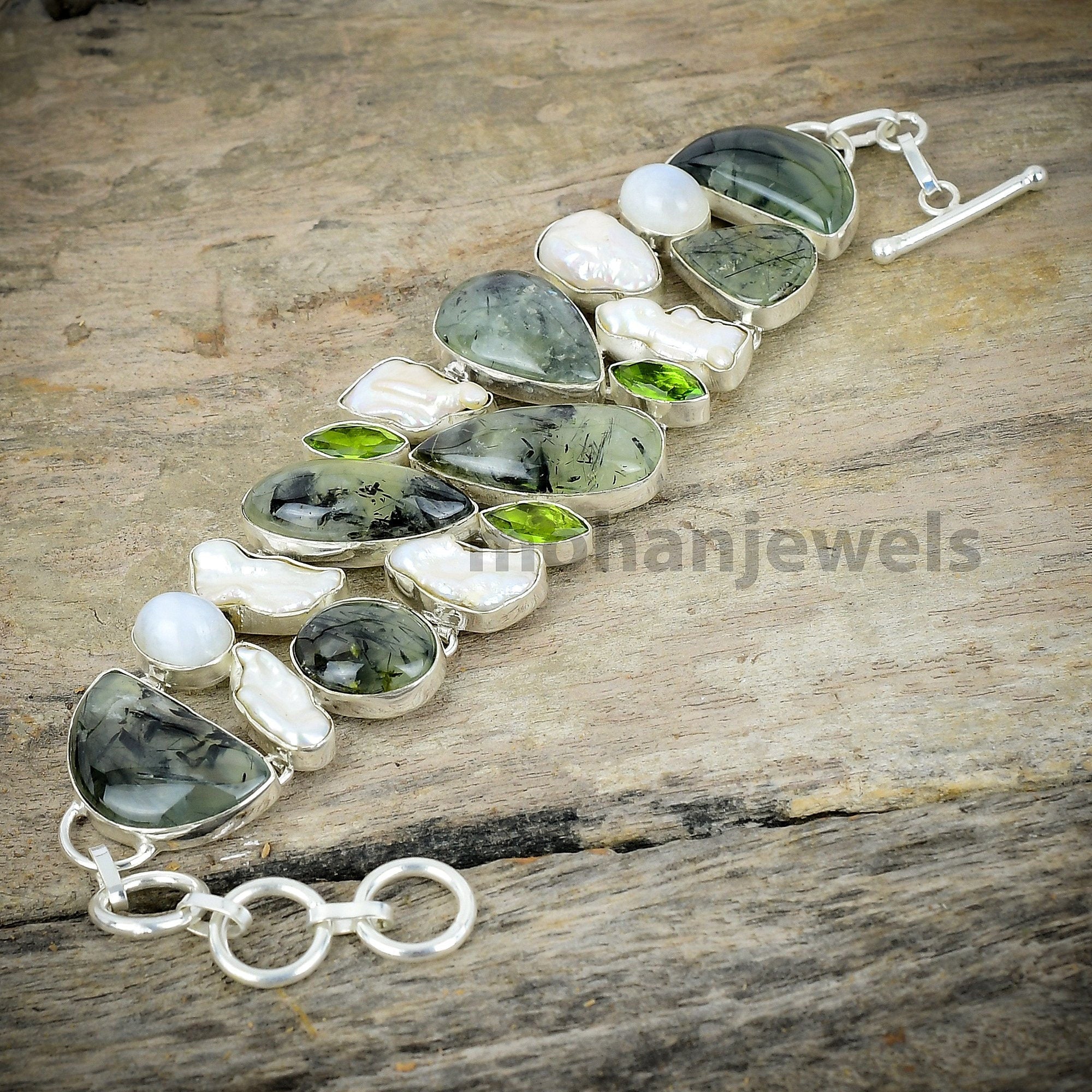 Moss Prehnite Biwa Pearl Moonstone Peridot Silver Plated Bracelet, Unique Designer Jewelry, Healing Stone, Chunky Bracelet, Gift For Her