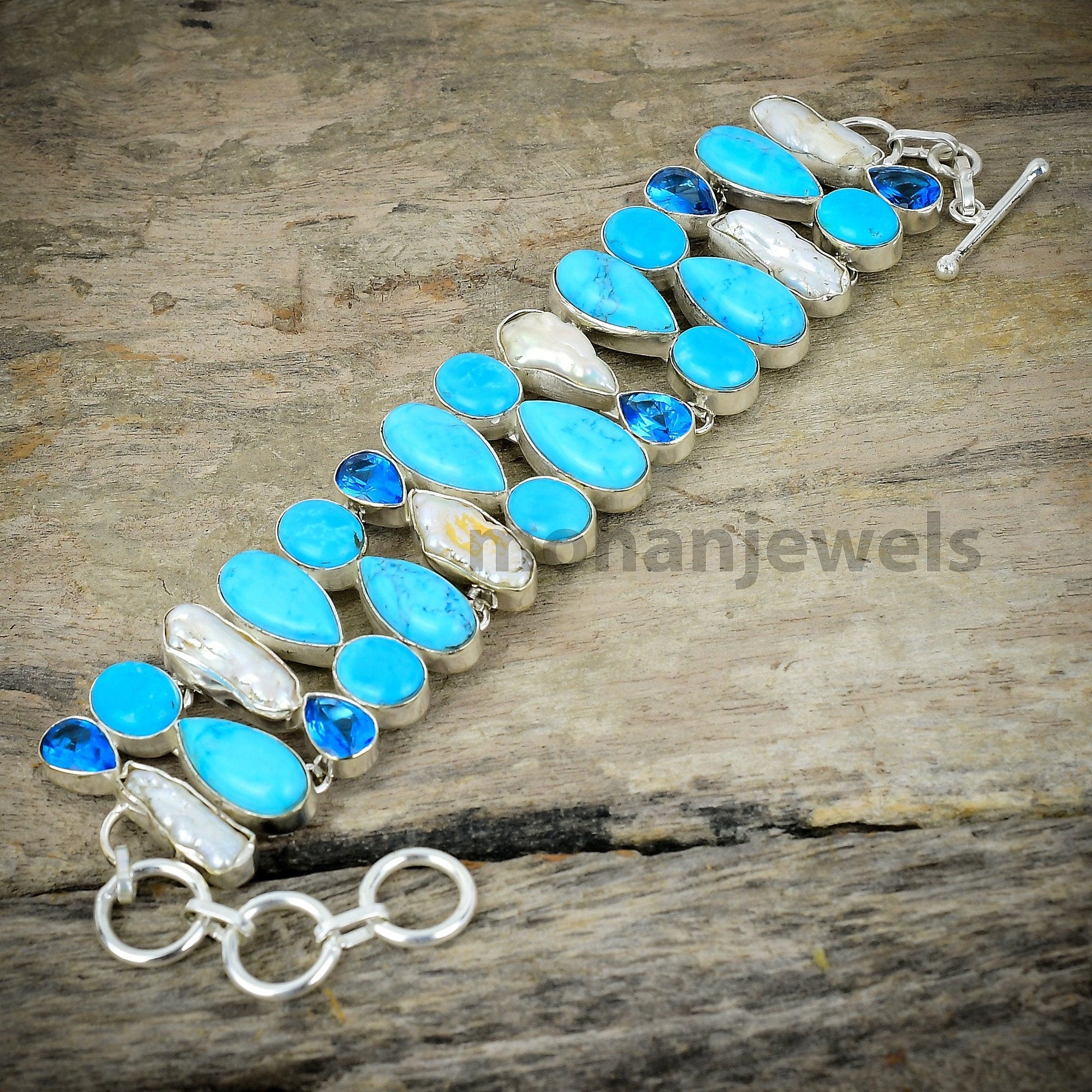 Kingman Turquoise Biwa Pearl Blue Topaz Silver Plated Bracelet, Unique Handmade Bracelet, Birthstone Jewelry, Gemstone Jewelry, Gift For Mom