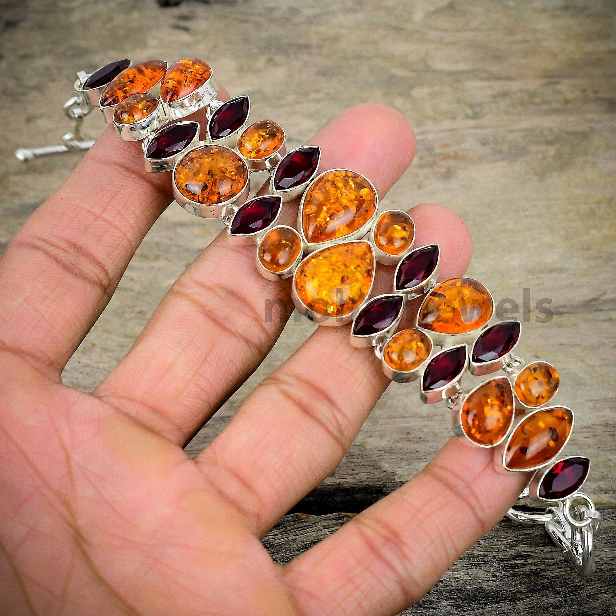 Amber Bracelet - Amber Jasper & Red Garnet Silver Plated Bracelet - Handmade Bracelet - Fashion Designer Jewelry - Valentine's Day Gift