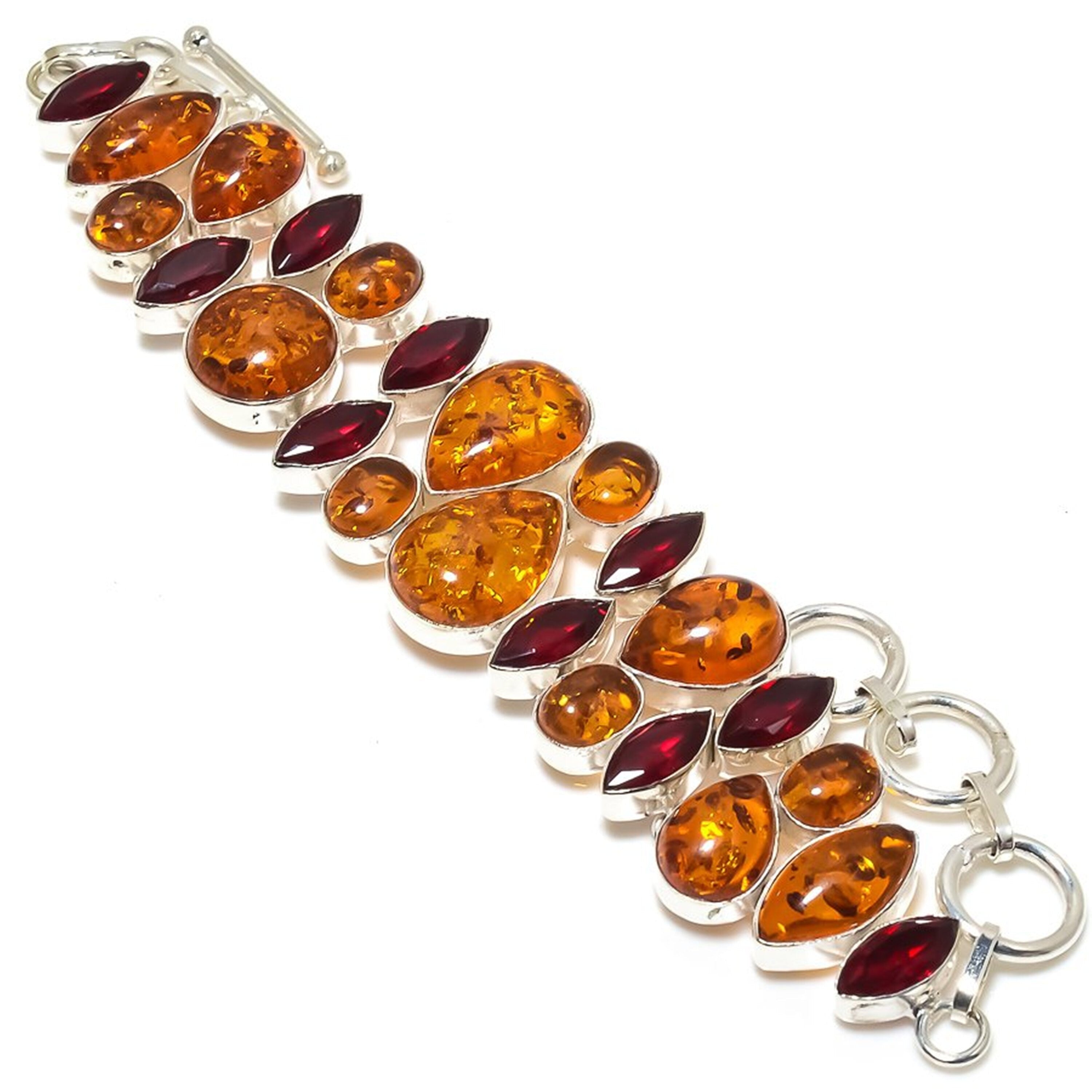 Amber Bracelet - Amber Jasper & Red Garnet Silver Plated Bracelet - Handmade Bracelet - Fashion Designer Jewelry - Valentine's Day Gift