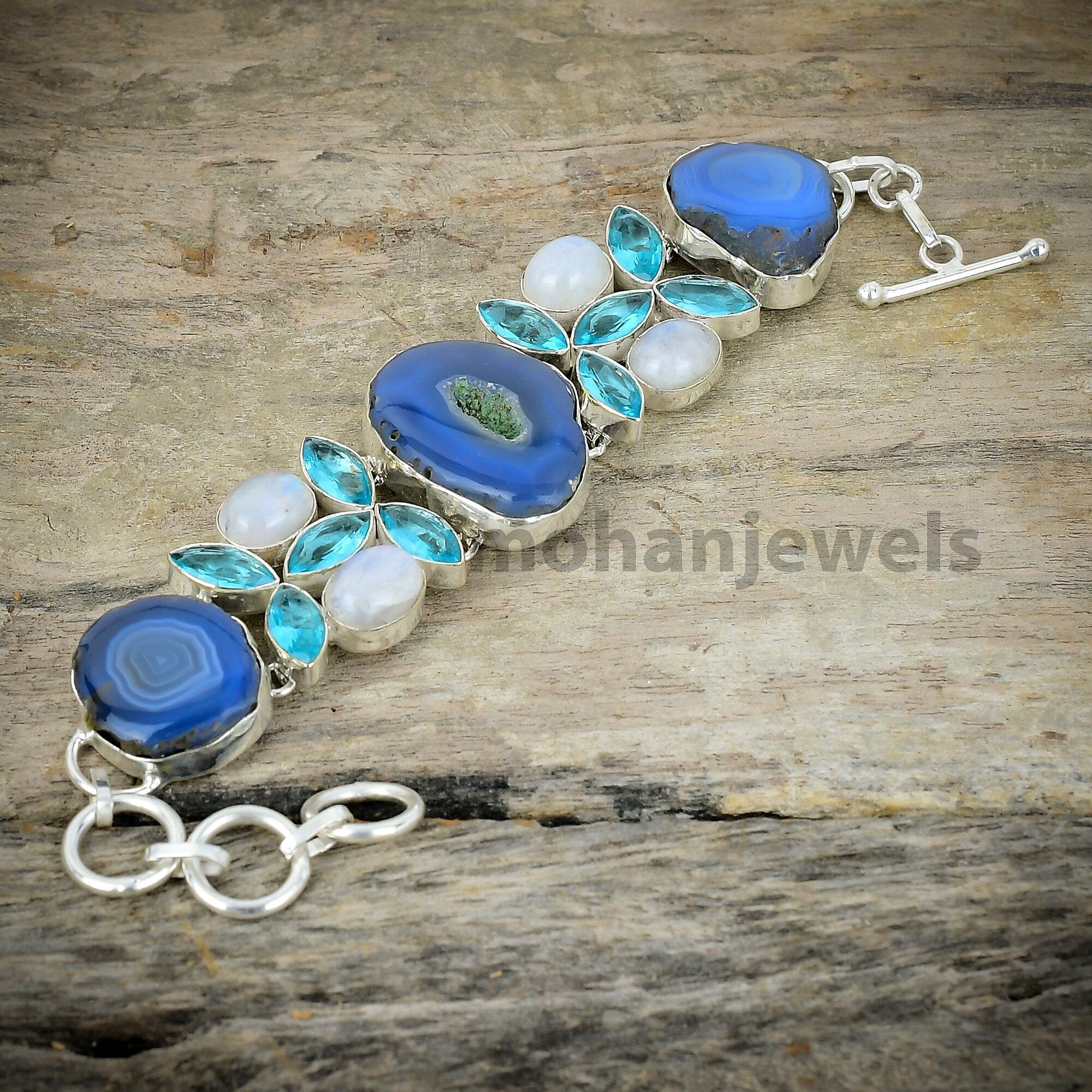 Botswana Agate Druzy Moonstone Blue Topaz Silver Plated Bracelet, Unique Designer Jewelry, Adjustable Statement Bracelet, Gift For Her