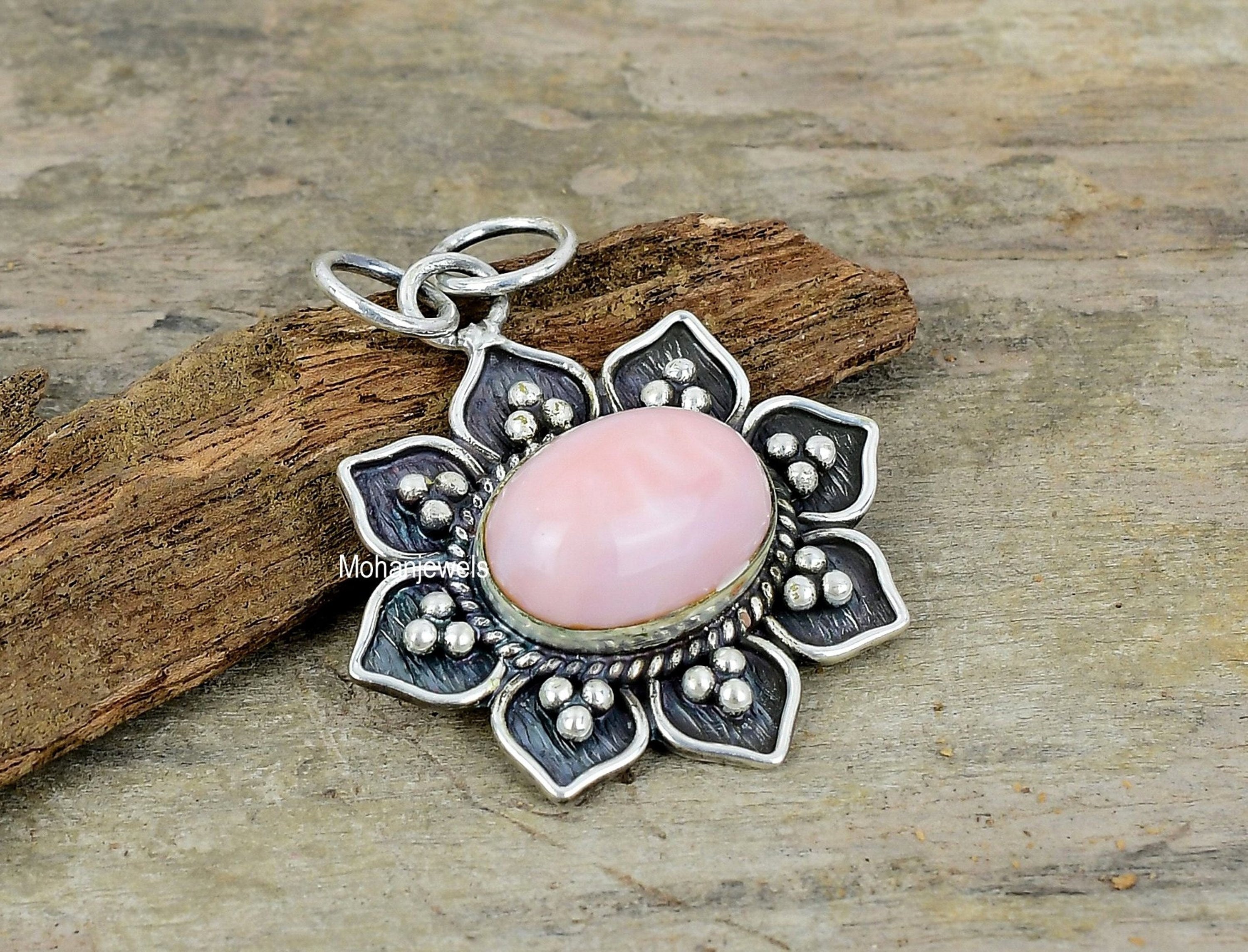 Natural Pink Opal Pendant, Gemstone Silver Plated Pendant, Flower Pendant, Opal Jewelry, Healing Stone, Handmade Crystal, Bridesmaid Gift