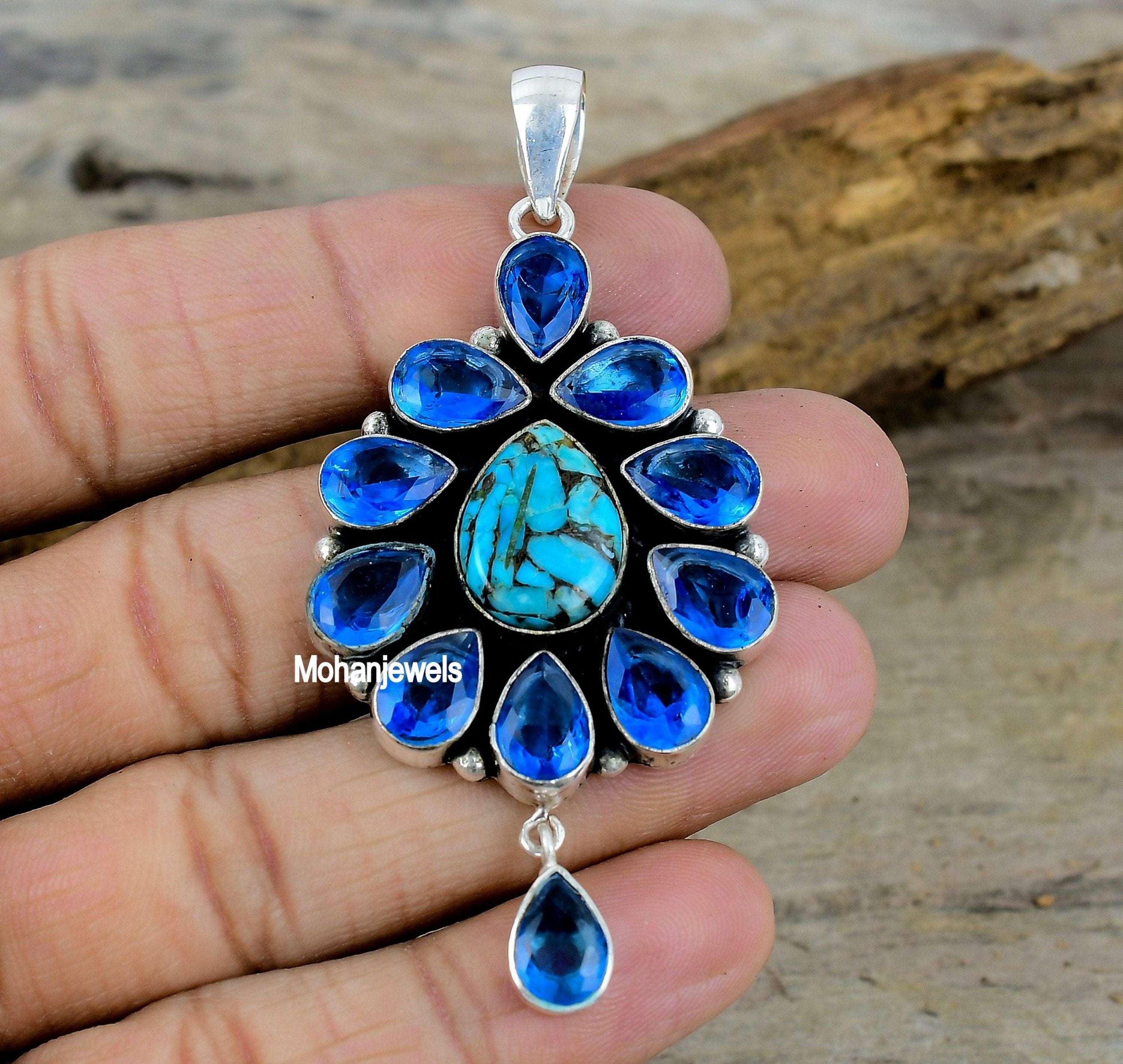 Copper Turquoise Pendant - Copper Turquoise & Blue Quartz Silver Plated Pendant - Turquoise Necklace - Birthstone Jewelry - Healing Crystal