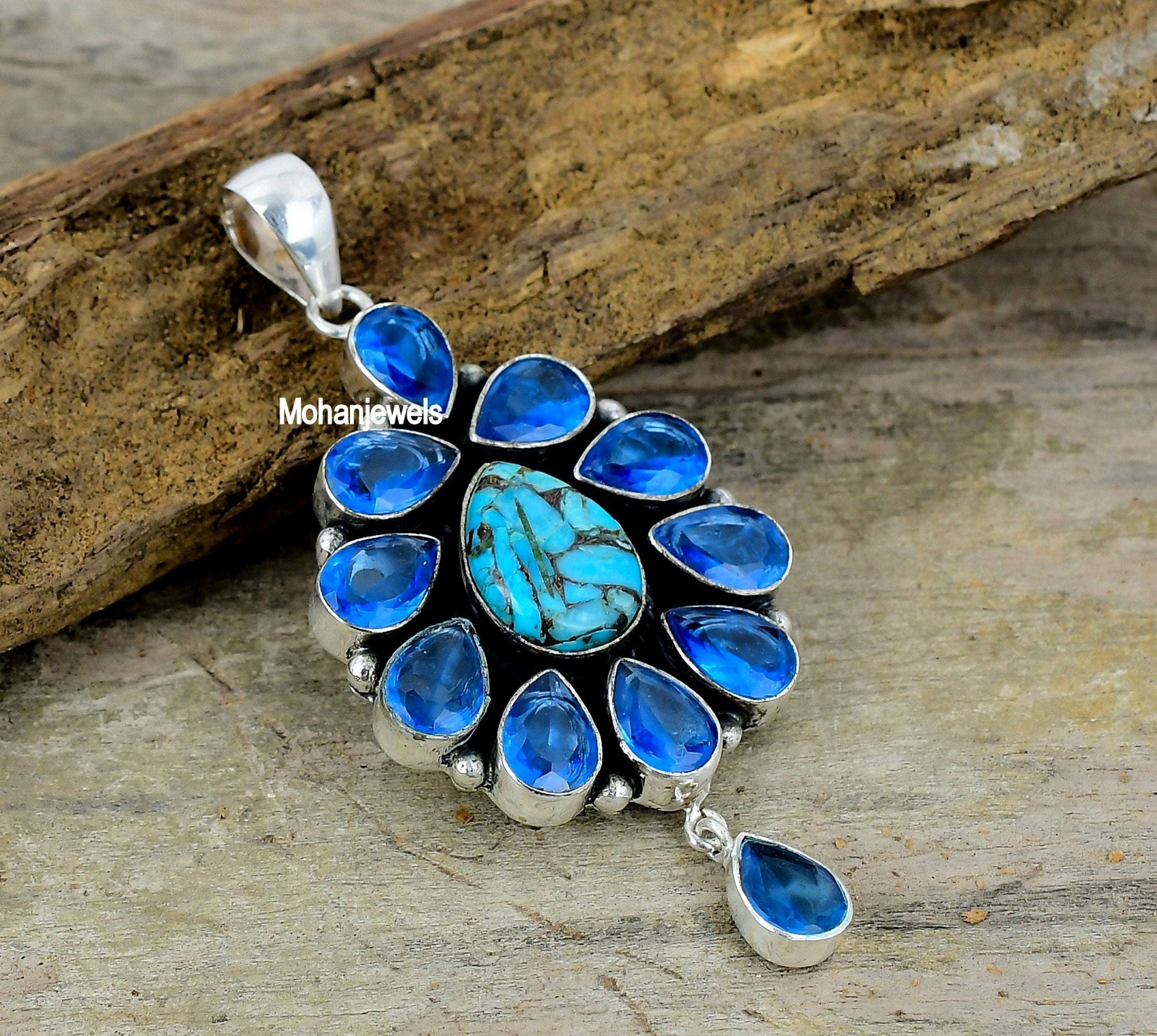 Copper Turquoise Pendant - Copper Turquoise & Blue Quartz Silver Plated Pendant - Turquoise Necklace - Birthstone Jewelry - Healing Crystal