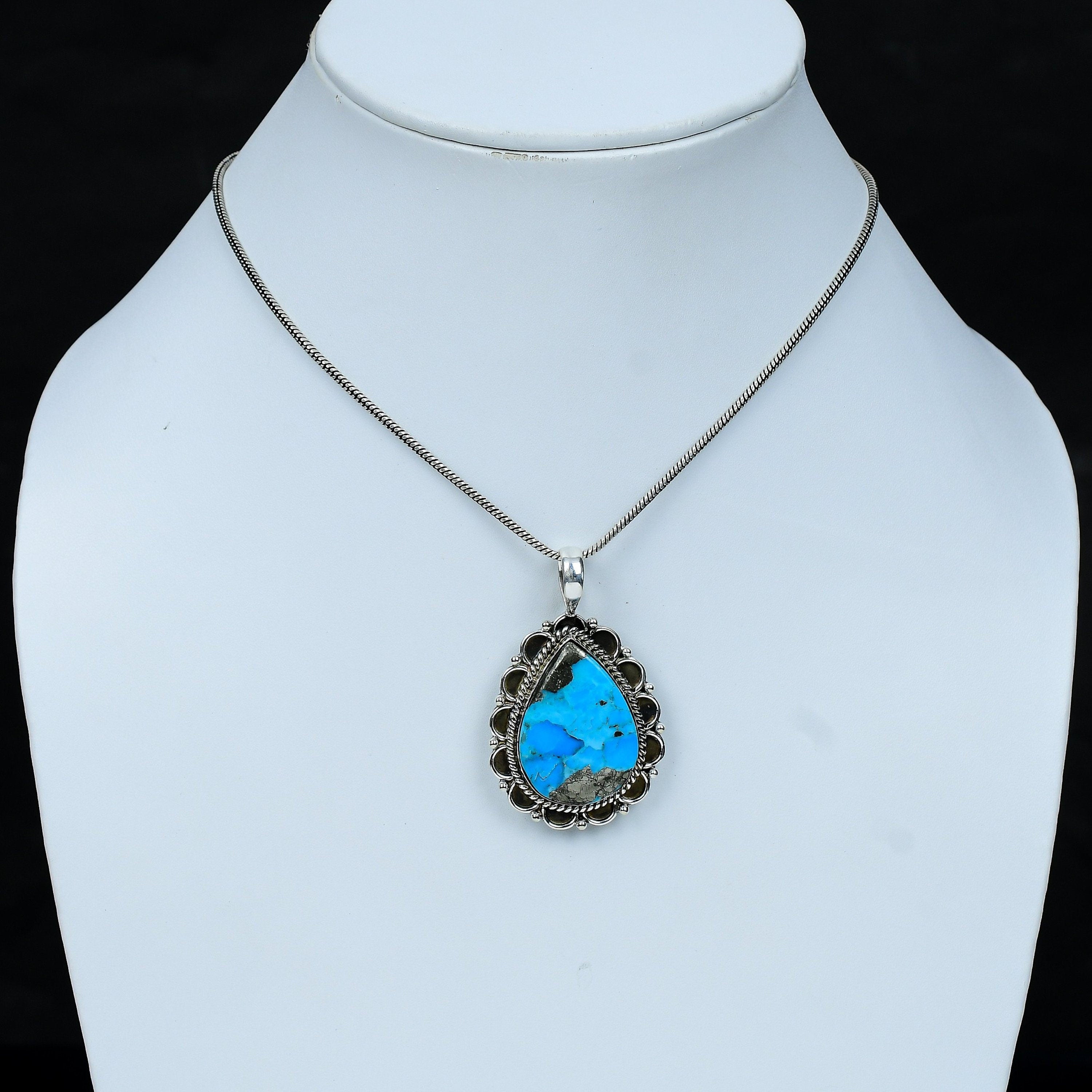 Copper Turquoise Pendant - Blue Turquoise Silver Plated Pendant Necklace - Birthstone Jewelry - Healing Crystal - Fashion Pendant