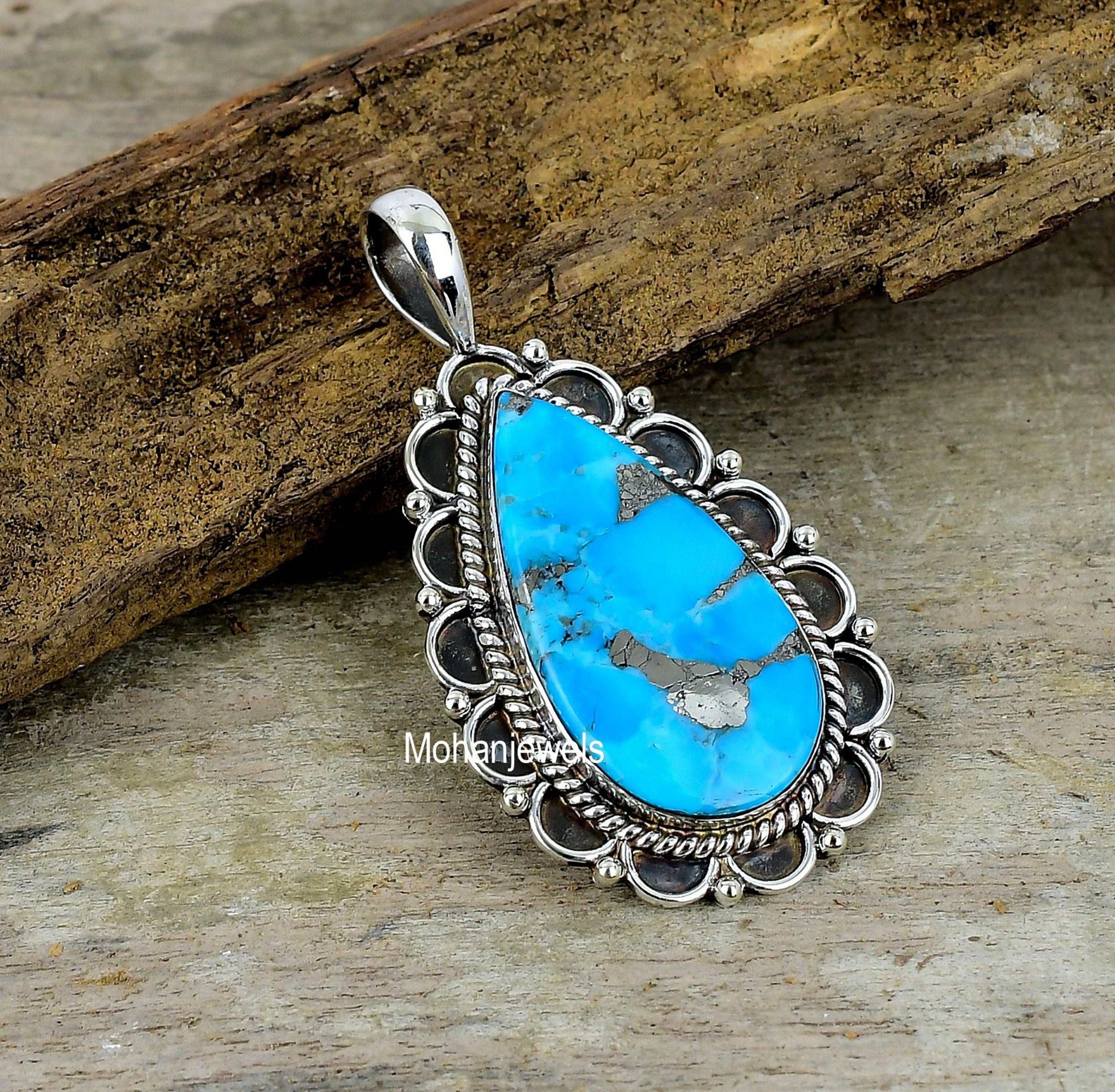 Copper Turquoise Pendant - Copper Blue Turquoise Silver Plated Pendant Necklace - Bohemian Jewelry - Healing Crystal - Wedding Jewelry Gift