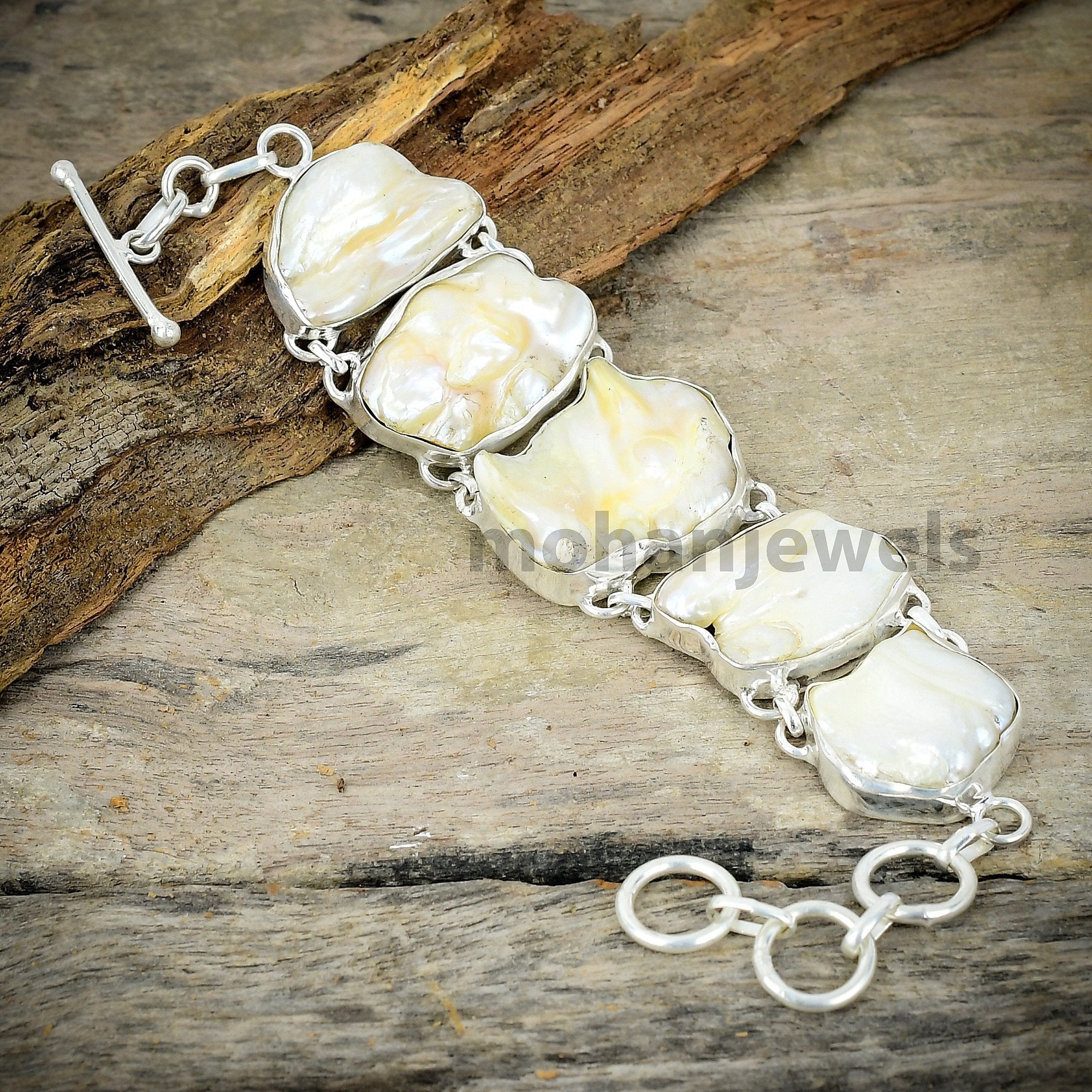 Biwa Pearl Bracelet - Freshwater Pearl Silver Plated Bracelet - Birthstone Jewelry - Gift for Her - Statement Bracelet - Chunky Bracelet