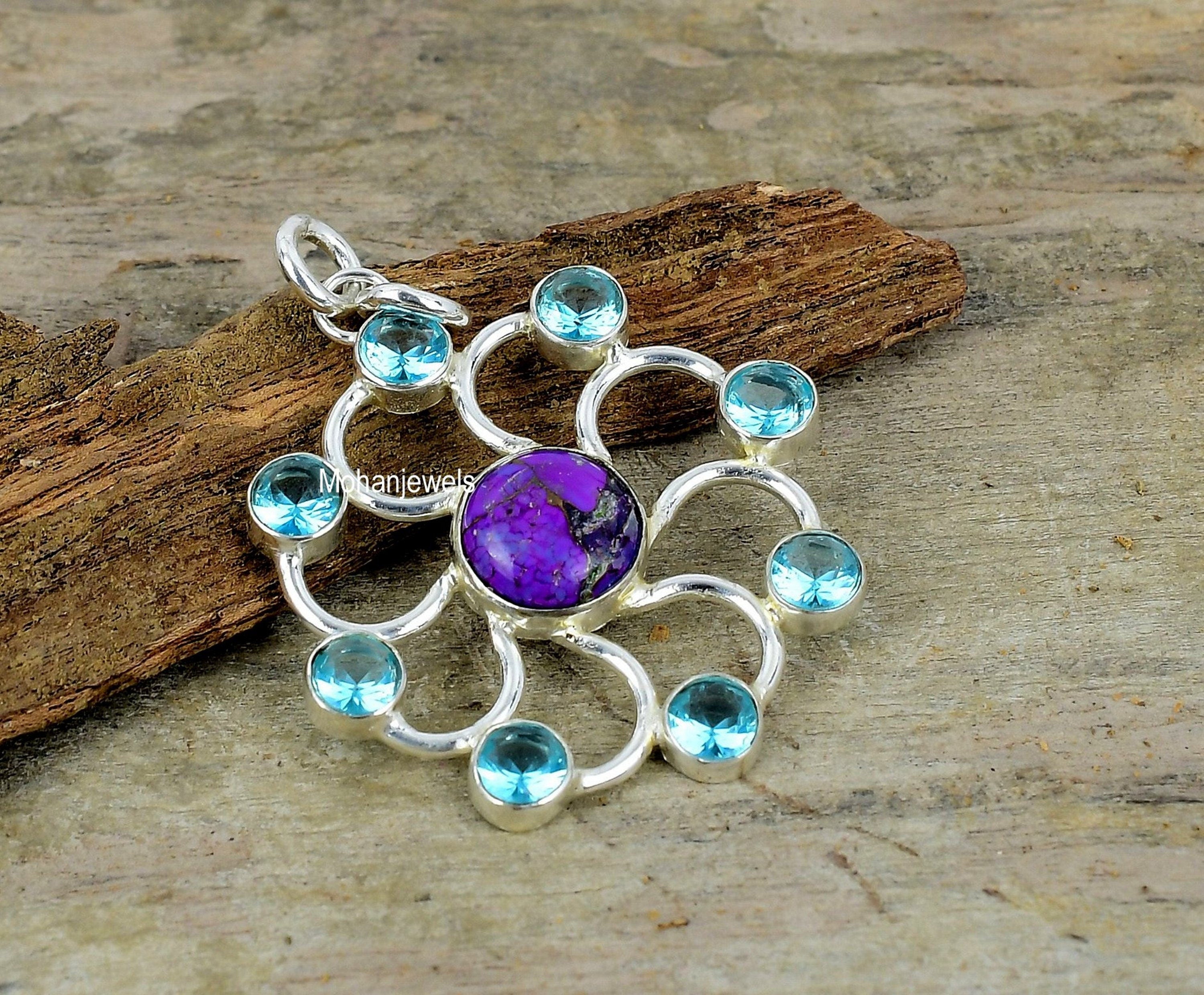 Copper Turquoise Pendant - Purple Turquoise & Swiss Blue Topaz Silver Plated Pendant - Cluster Pendant - Fashion Necklace - Healing Crystal