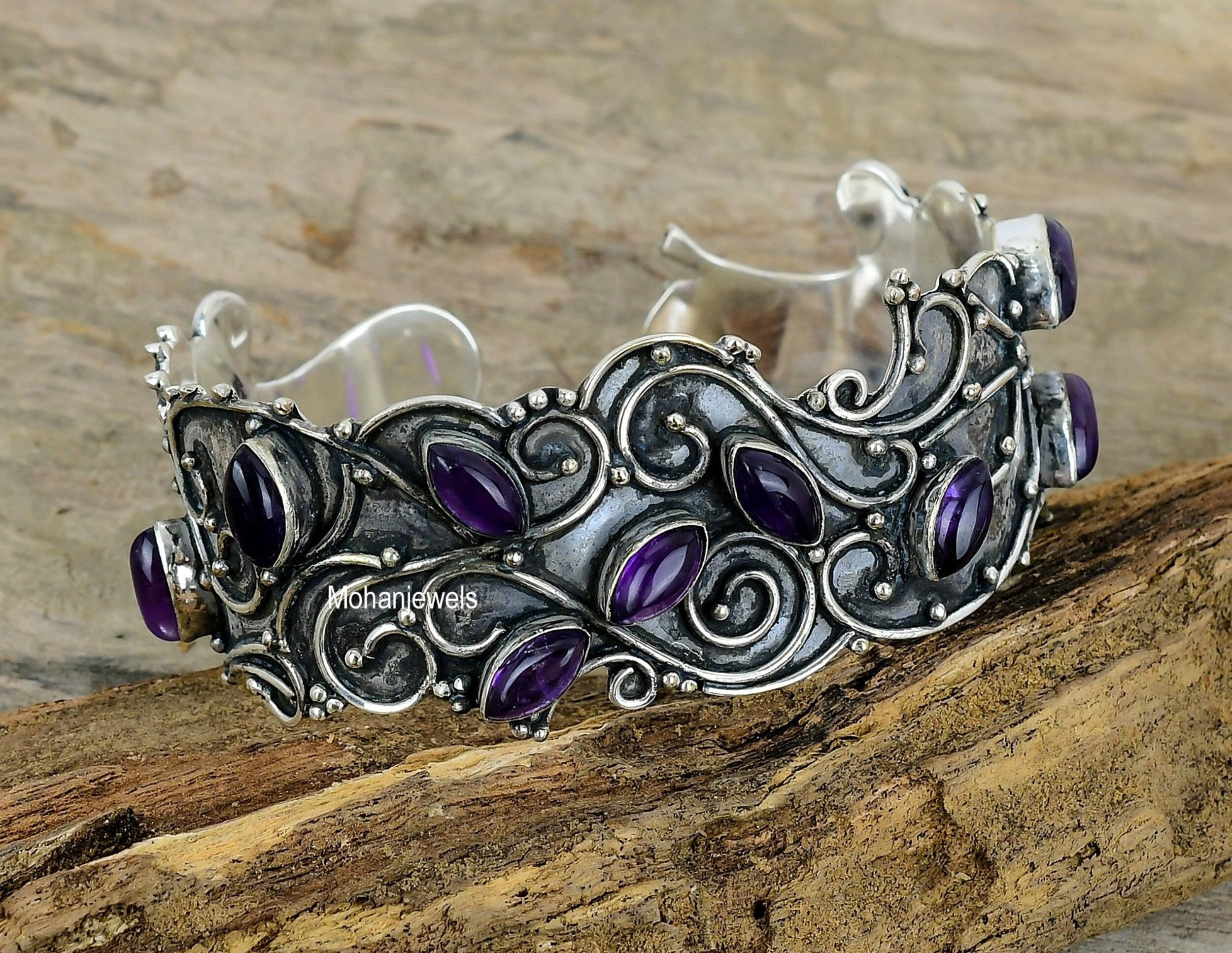 Amethyst Cuff Bracelet - Amethyst Gemstone Silver Plated Bracelet - Statement Cuff Bracelet - Bohemian Cuff - Wedding Jewelry Gift For Bride