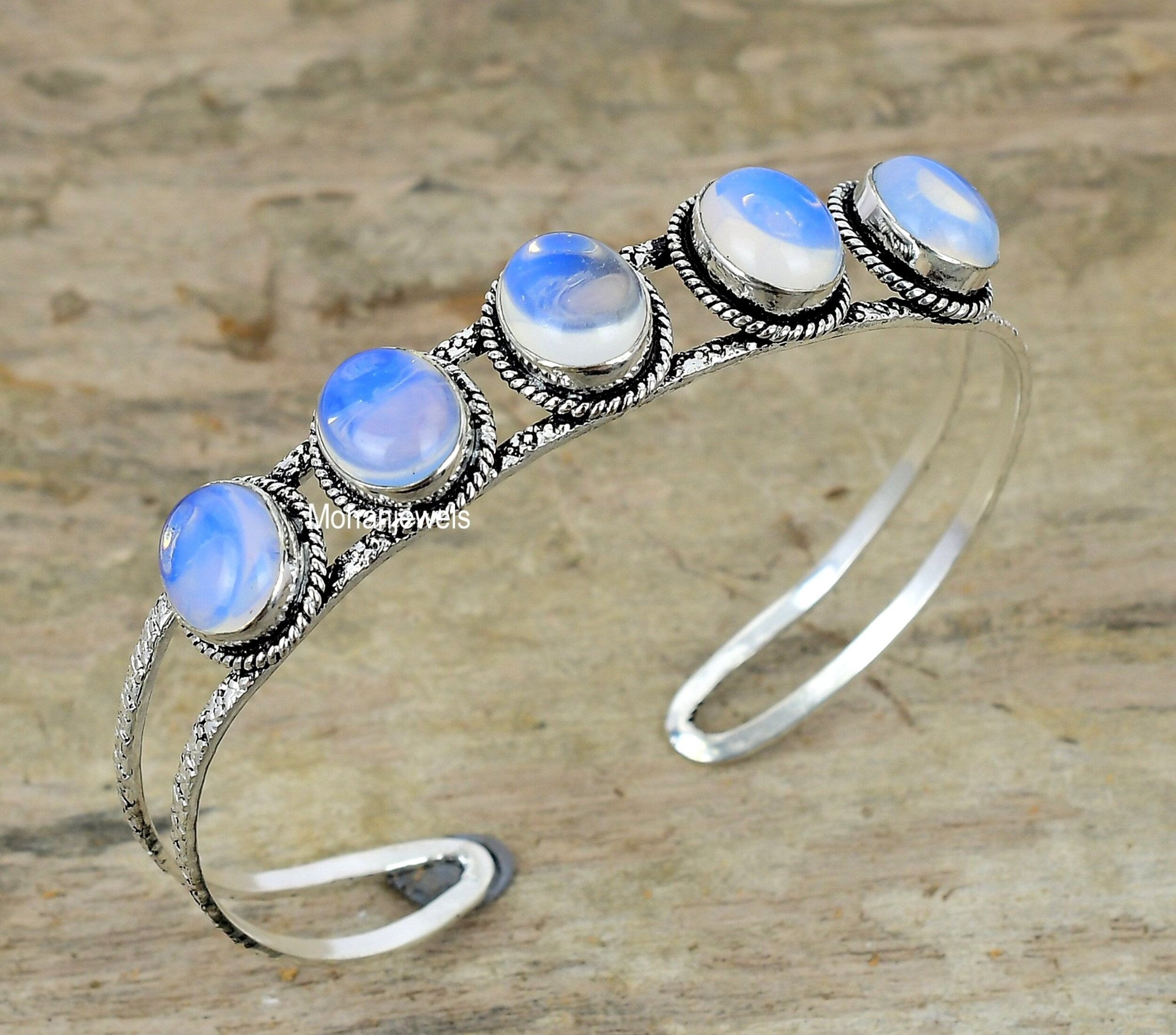 Milky Opal Bracelet - Opal Silver Plated Cuff Bracelet - Cuff Bangle  - Gemstone Bracelet - Wedding Jewelry