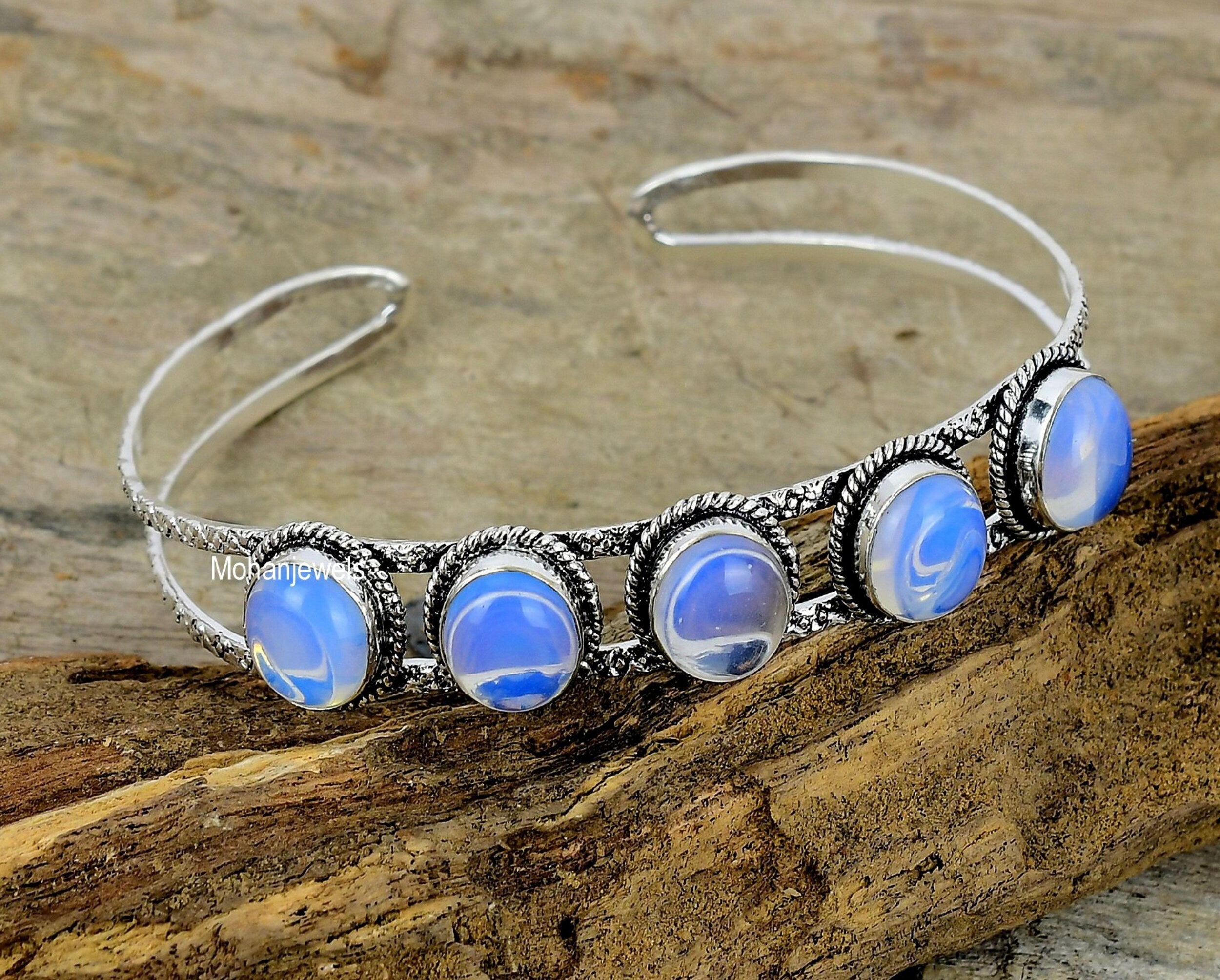 Milky Opal Bracelet - Opal Silver Plated Cuff Bracelet - Cuff Bangle  - Gemstone Bracelet - Wedding Jewelry