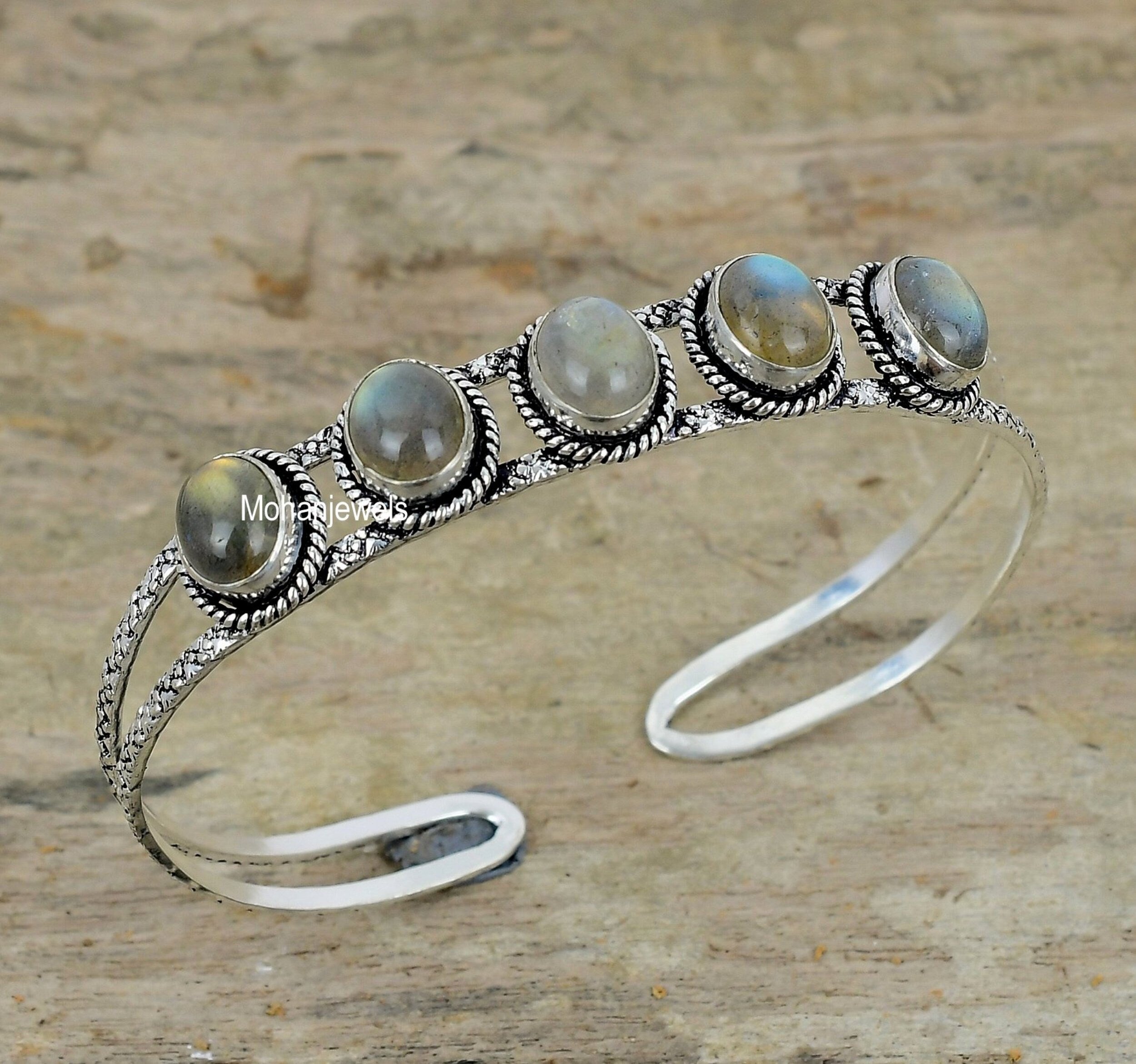 Labradorite Bracelet - Natural Labradorite Gemstone Silver Plated Cuff Bracelet - Vintage Bracelet - Healing Crystal Cuff - Anniversary Gift