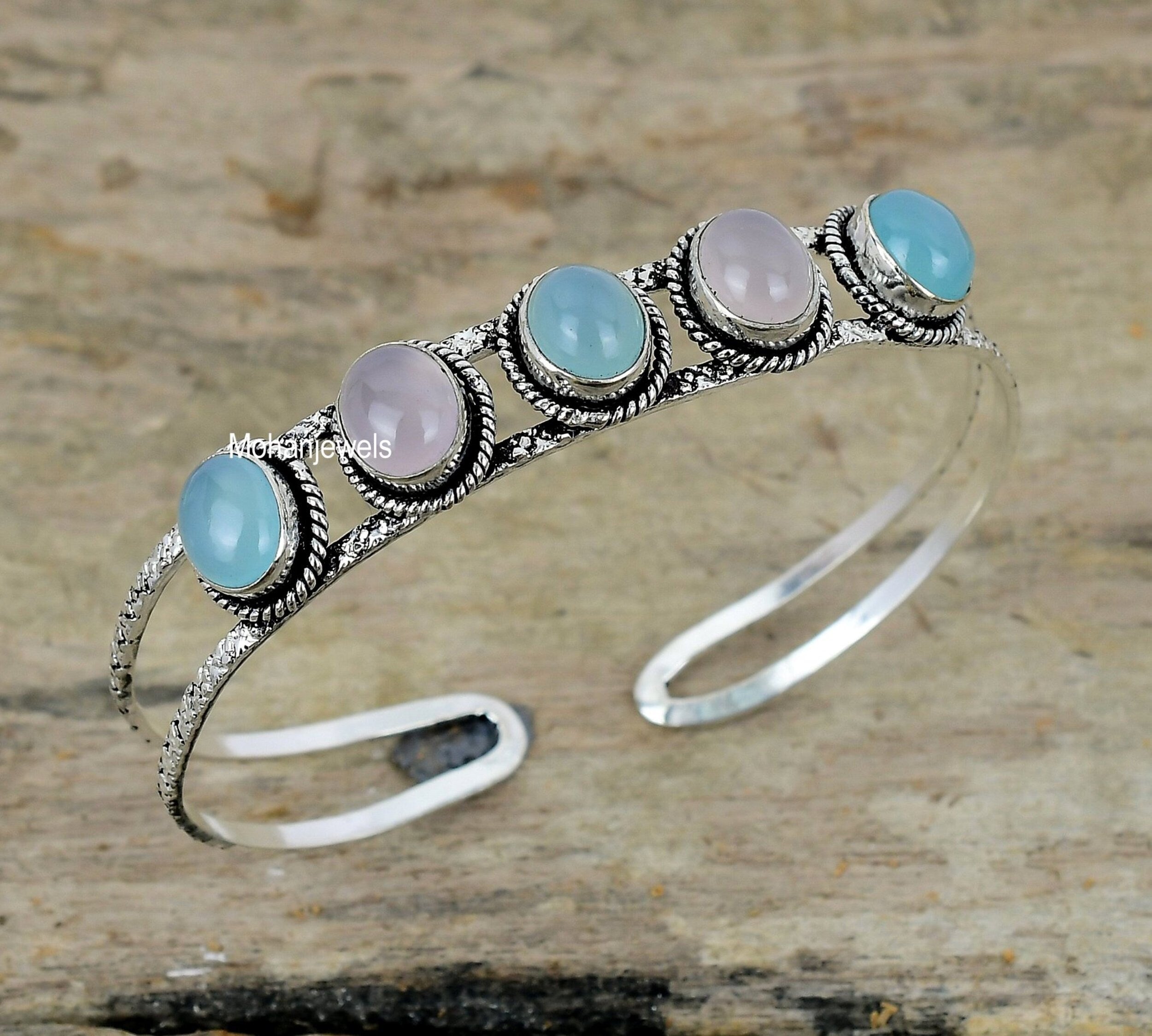 Rose Quartz & Chalcedony Bracelet - Blue Chalcedony Silver Plated Cuff Bracelet - Fashion Bangle Bracelet - Healing Stone - Calming Bracelet