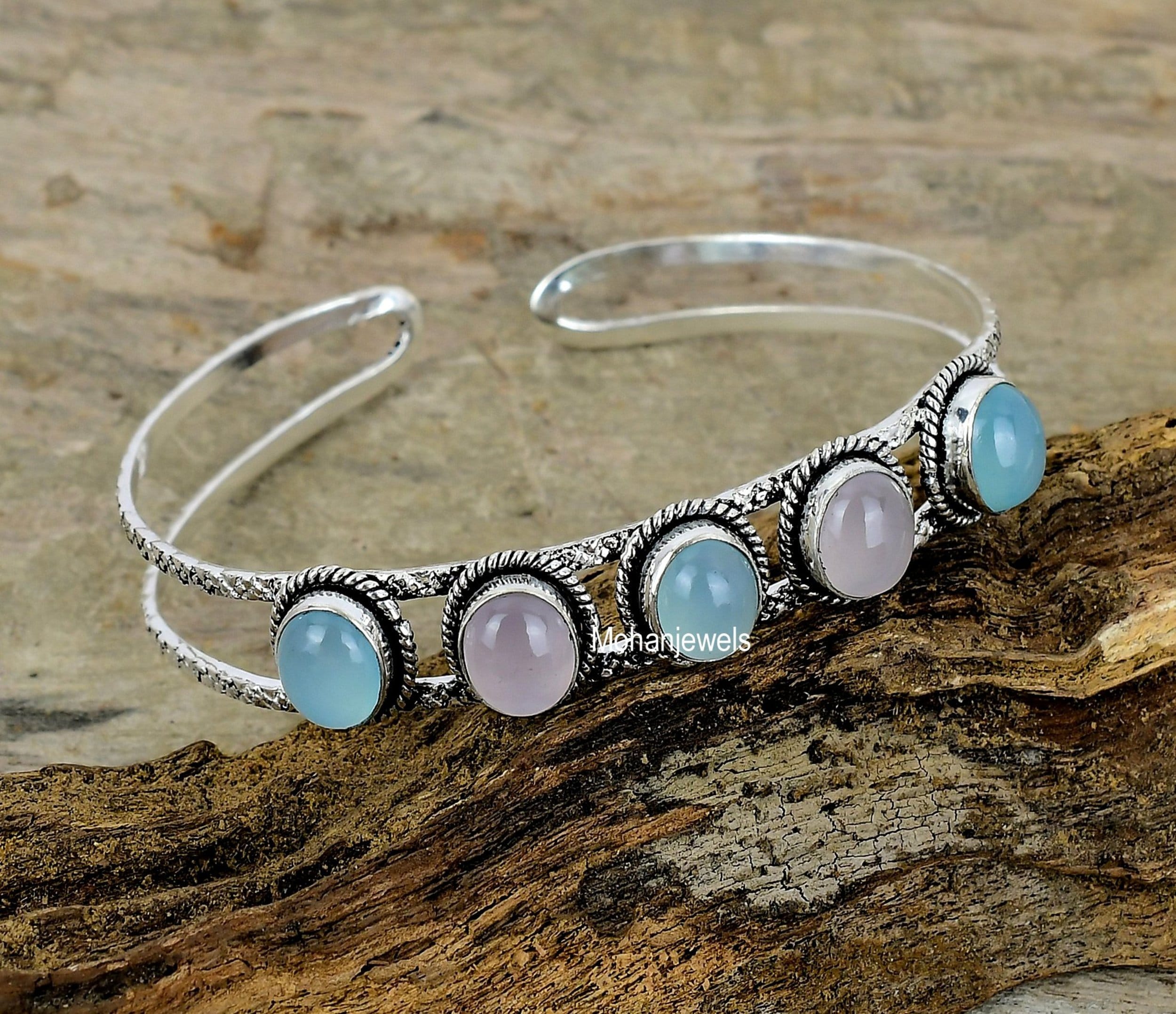 Rose Quartz & Chalcedony Bracelet - Blue Chalcedony Silver Plated Cuff Bracelet - Fashion Bangle Bracelet - Healing Stone - Calming Bracelet