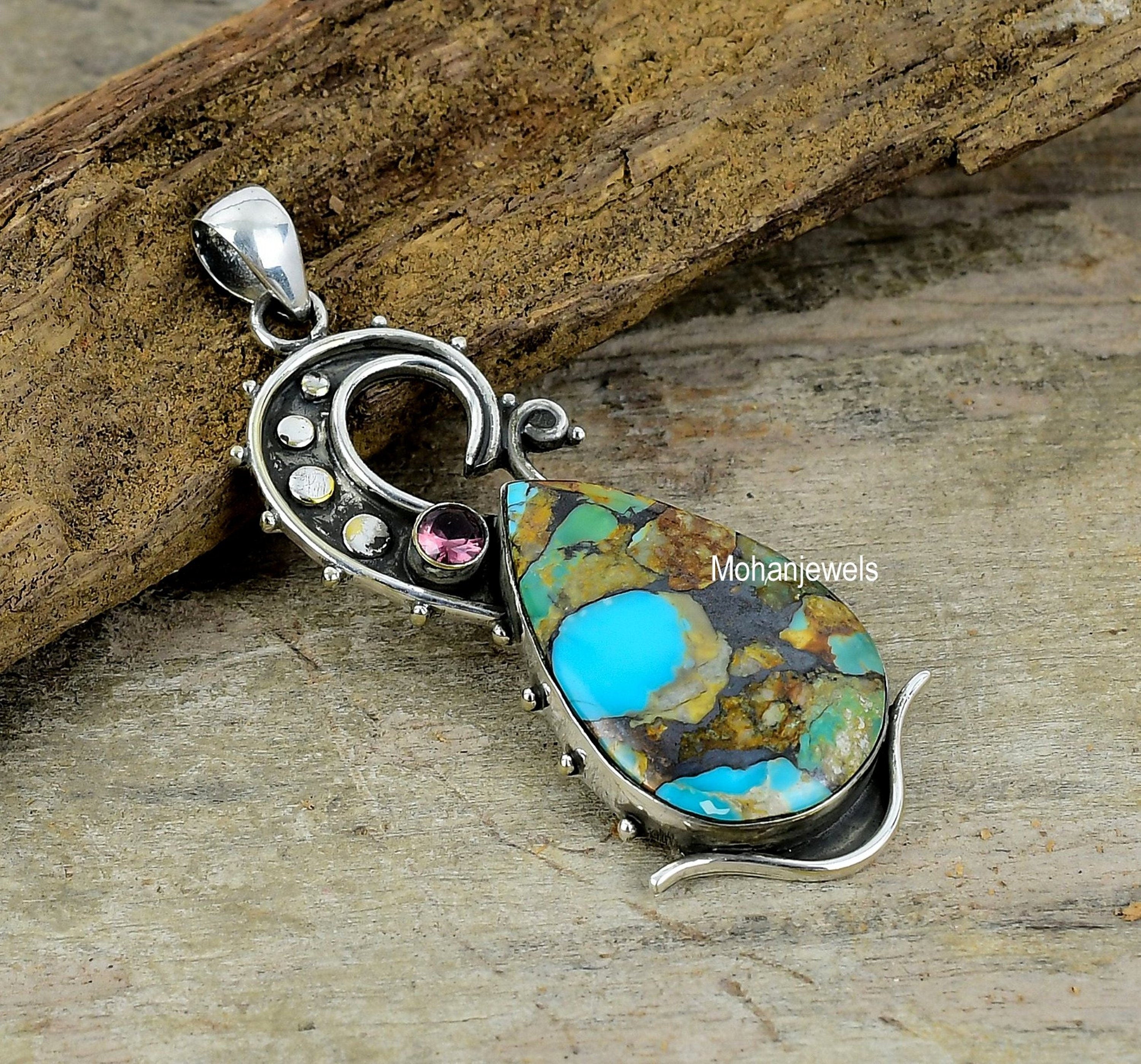 Turquoise Pendant - Copper Turquoise & Amethyst Silver Plated Pendant Necklace - Jewelry Gifts Idea - Bohemian Necklace - Multi Color Stone