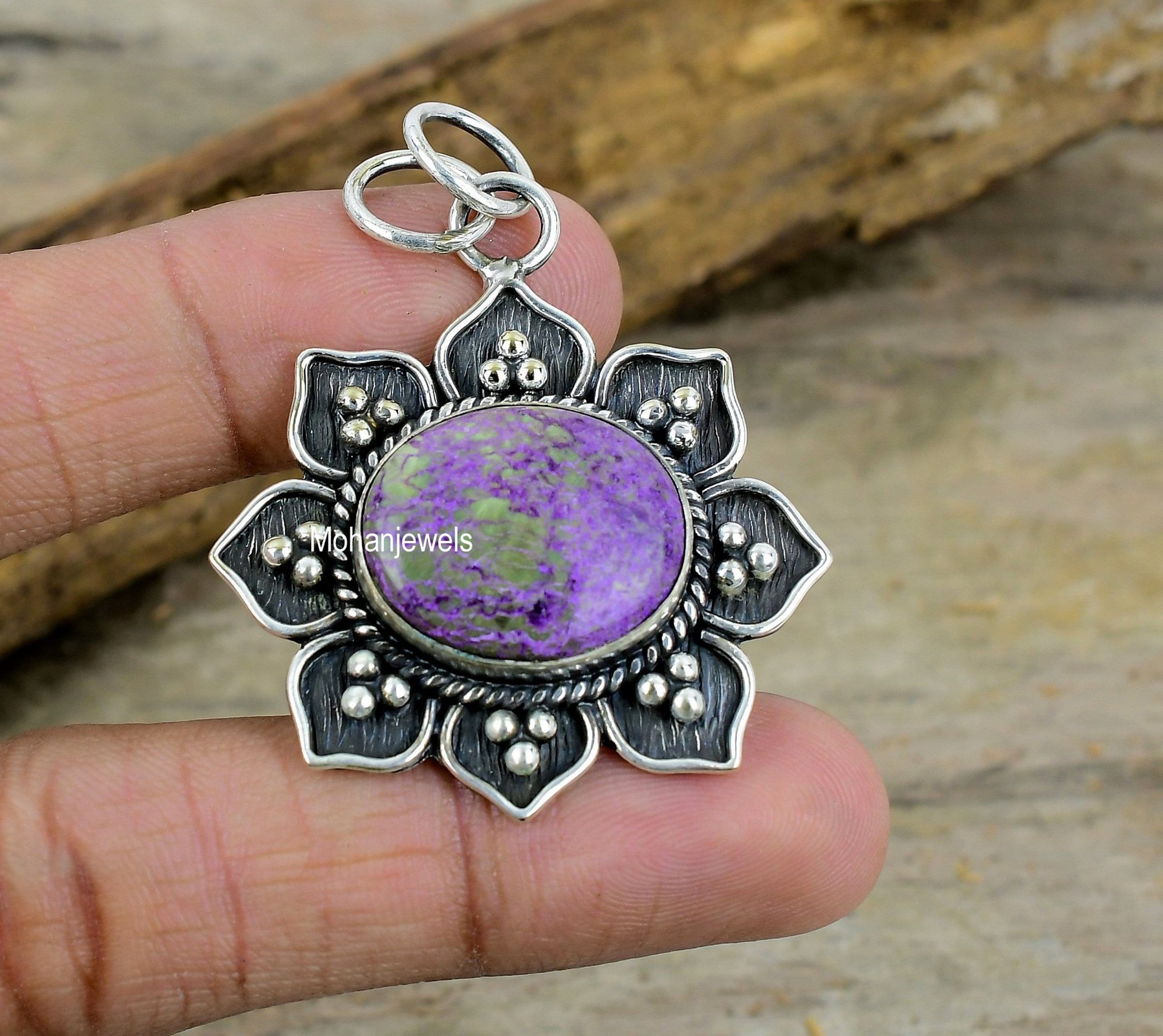 Purpurite Pendant, Natural Purpurite Gemstone Silver Plated Pendant, Unique Designer Jewelry, Flower Pendant, Healing Crystal, Gift For Her