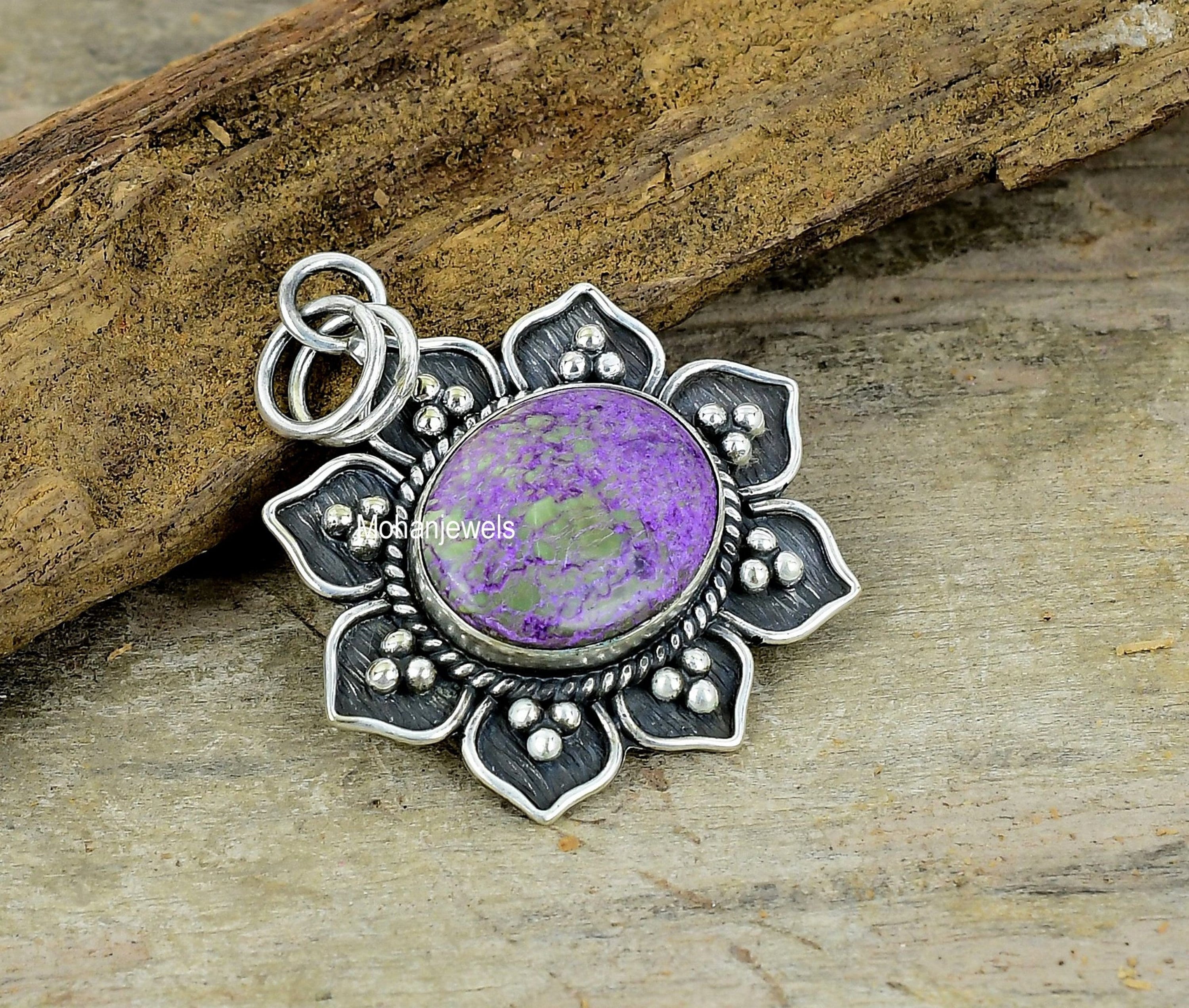 Purpurite Pendant, Natural Purpurite Gemstone Silver Plated Pendant, Unique Designer Jewelry, Flower Pendant, Healing Crystal, Gift For Her