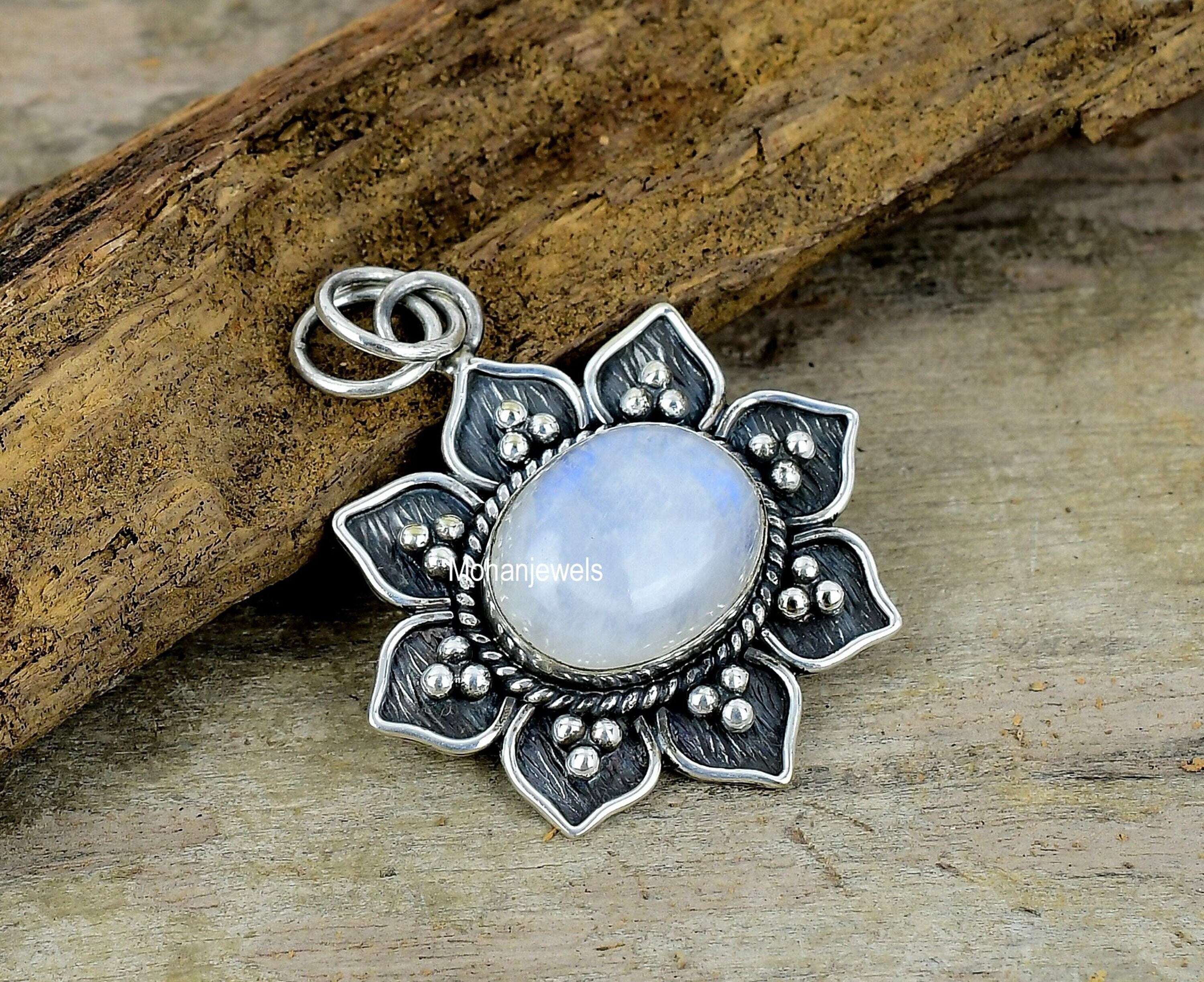 Rainbow Moonstone Silver Plated Pendant, Unique Designer Jewelry, Handmade Flower Pendant, Moonstone Jewelry, Healing Stone, Gift For Her