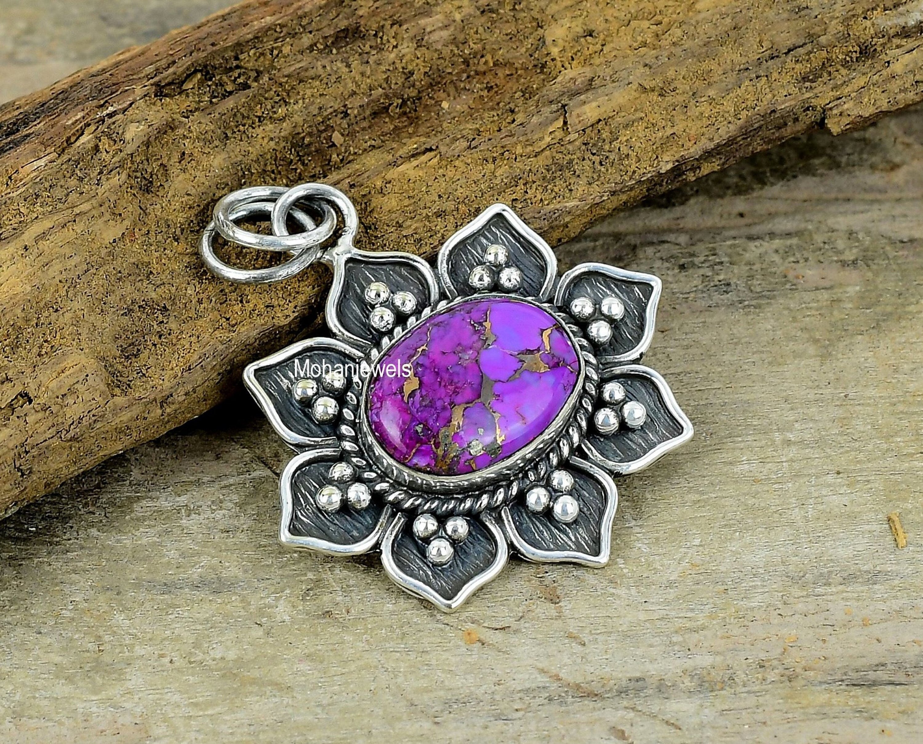 Copper Turquoise Pendant - Purple Copper Turquoise Silver Plated Floral Pendant - Turquoise Necklace - Healing Crystal - Anniversary Gift