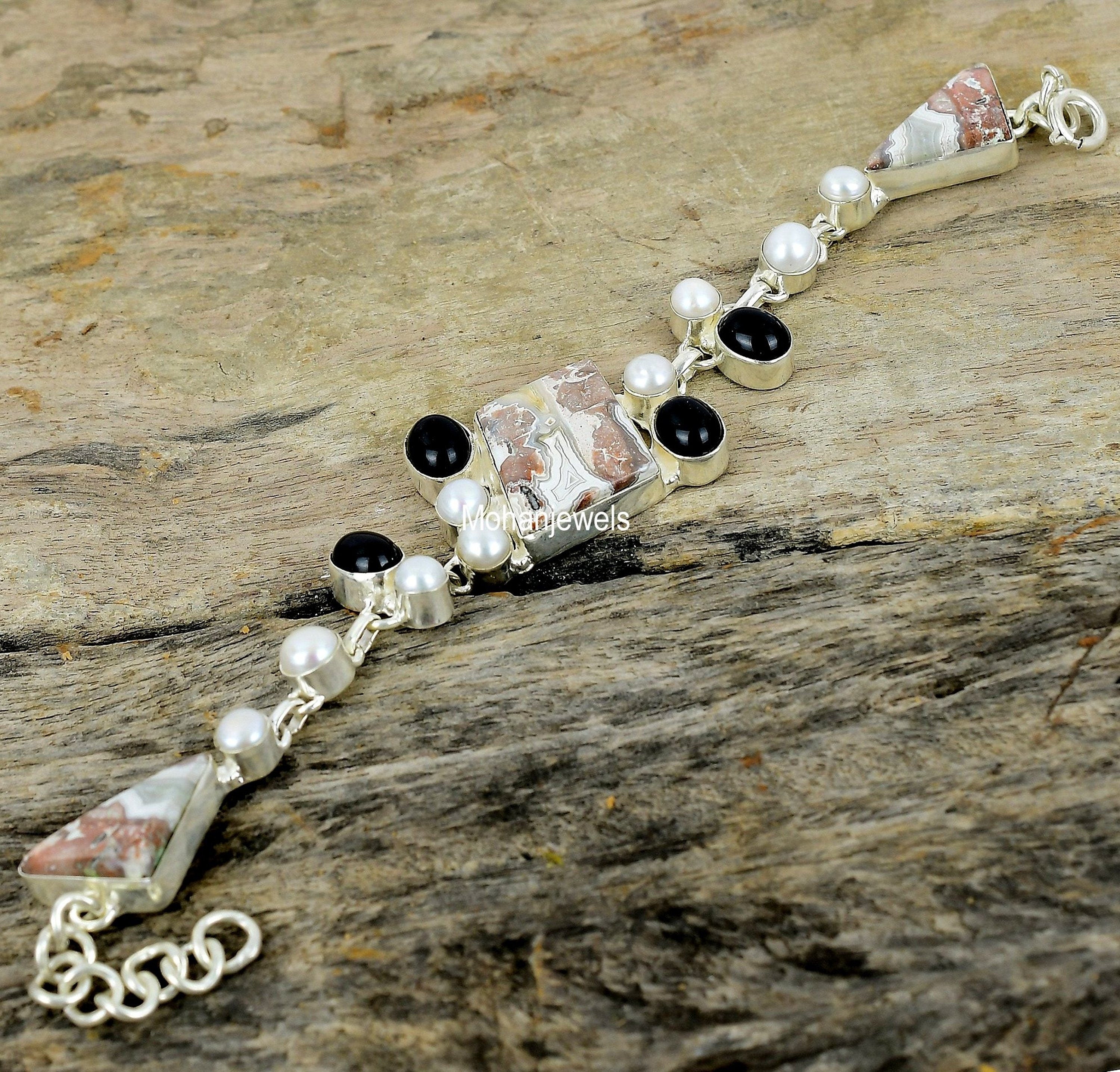 Crazy Lace Agate Black Onyx White Pearl Silver Plated Bracelet - Unique Designer Jewelry - Handmade Bracelet - Charm Bracelet - Gift for Her