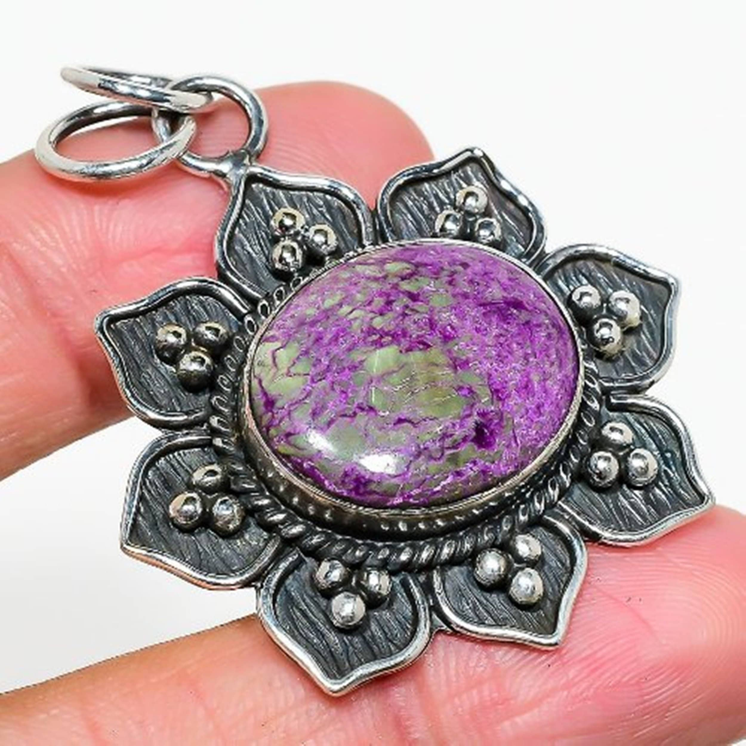 Purpurite Pendant, Natural Purpurite Gemstone Silver Plated Pendant, Unique Designer Jewelry, Flower Pendant, Healing Crystal, Gift For Her