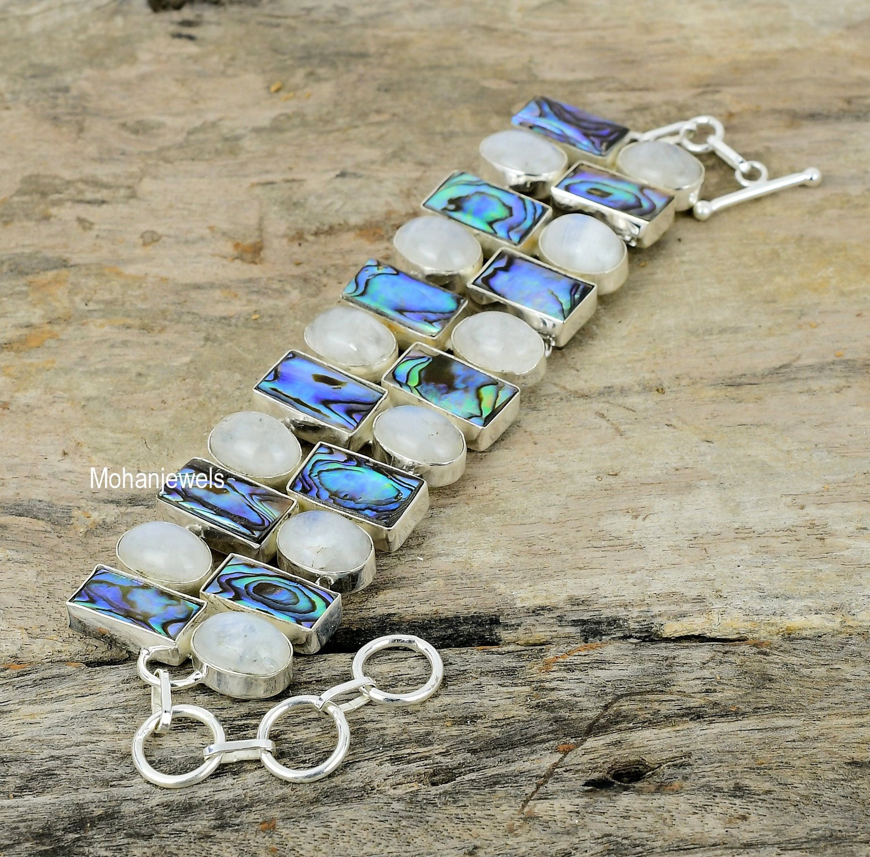 Abalone Shell Moonstone Silver Plated Bracelet - Handmade Gemstone Bracelet - Statement Bracelet - Unique Fashion Jewelry - Anniversary Gift