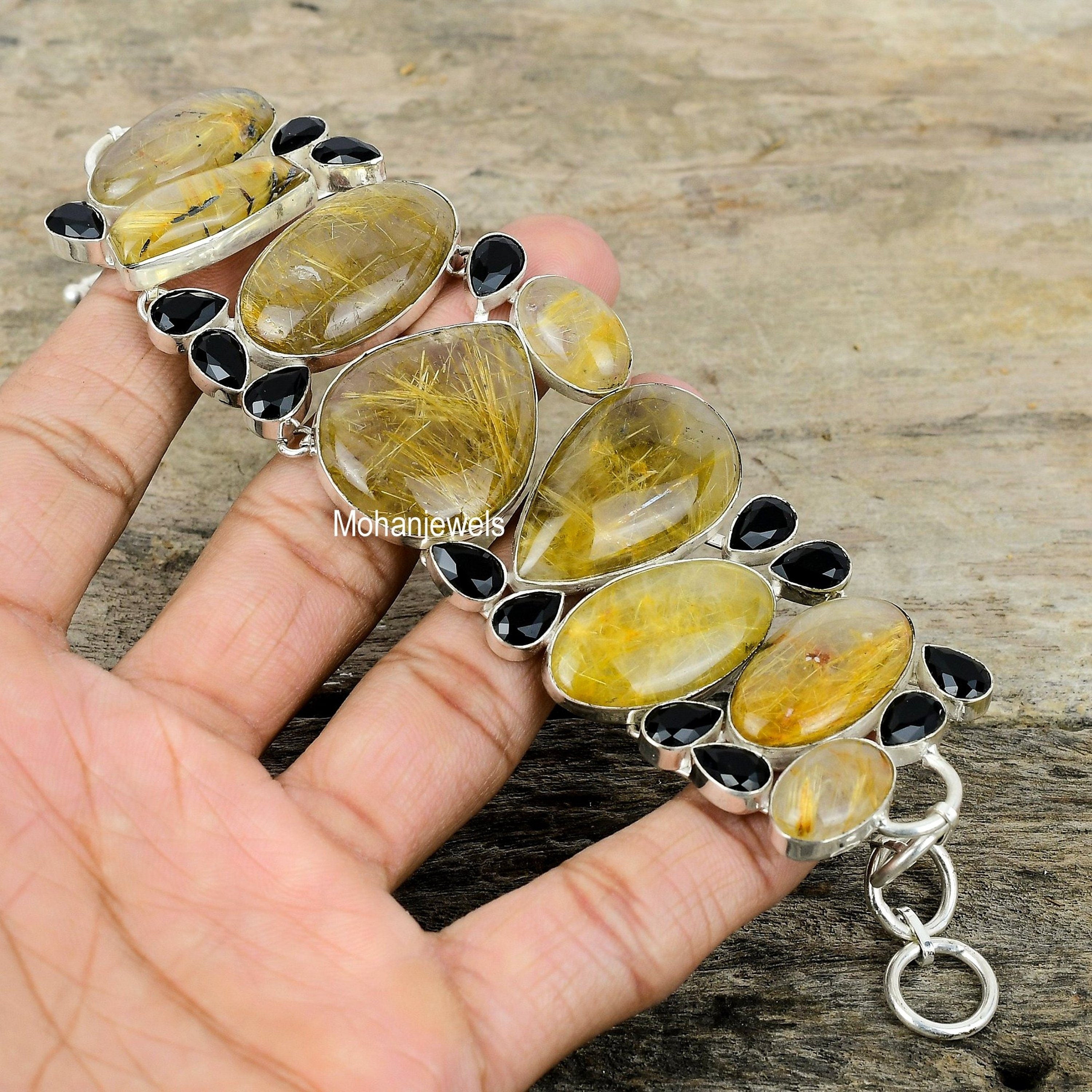 Gold Rutilated Quartz Black Onyx Silver Plated Bracelet, Handmade Bracelet, Statement Bracelet, Vintage Jewelry, Boho Bracelet, Gift for Her