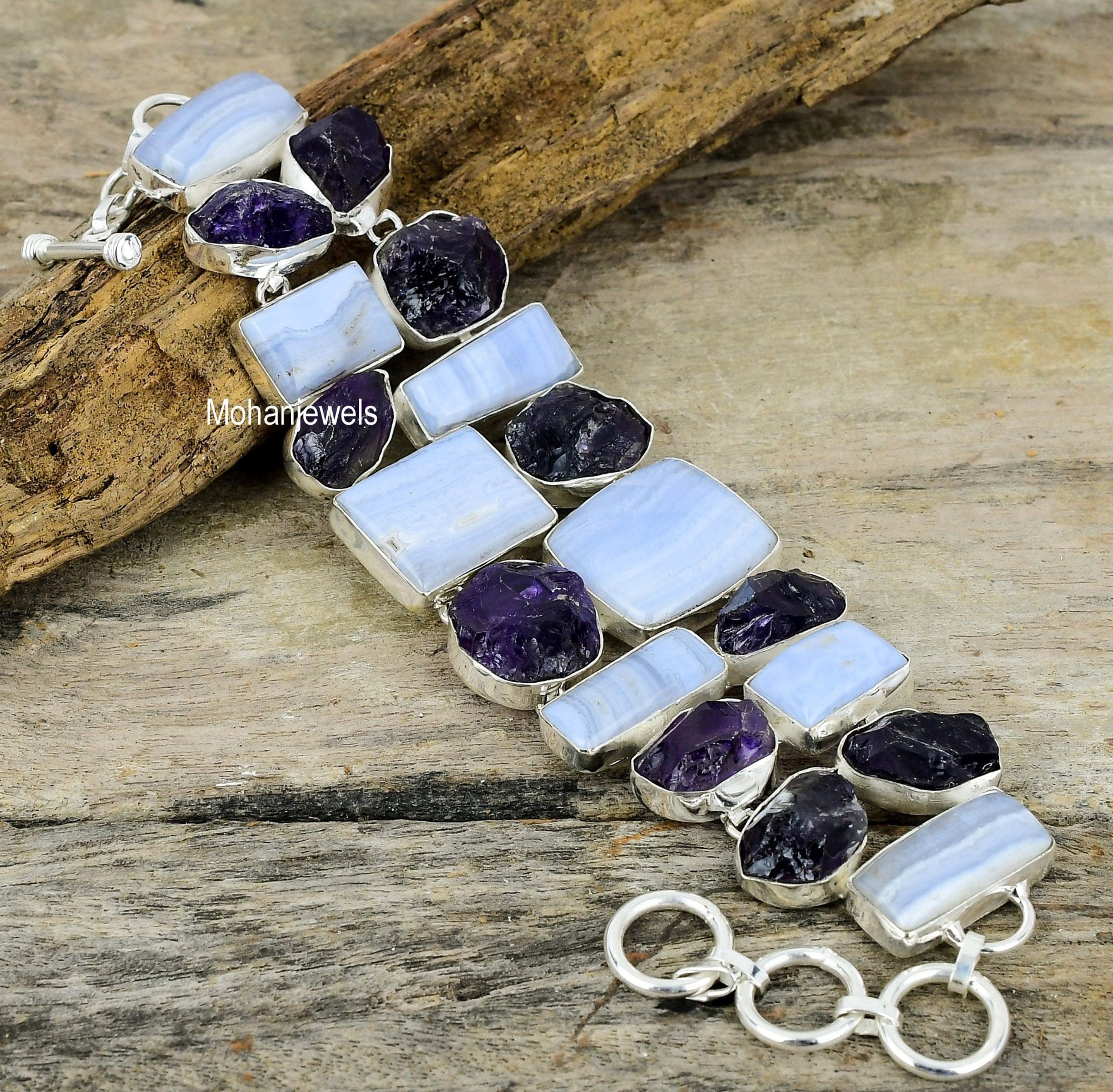 Blue Lace Agate Amethyst Rough Silver Plated Bracelet, Statement Bracelet, Fashion Jewelry, Gemstone Bracelet, Boho Jewelry, Bridesmaid Gift